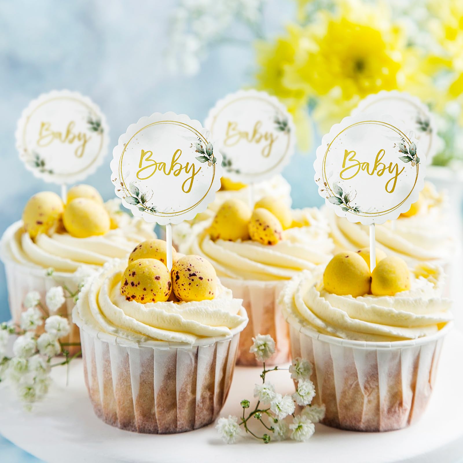 24pcs Baby Shower Cupcake Toppers Botanical Leaves Gold Foil Design Sage Green Baby Shower Decorations