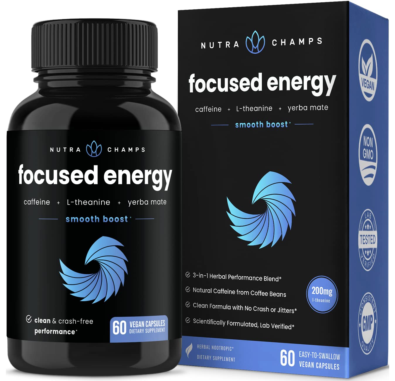 NutraChamps Caffeine with L-Theanine for Energy & Focus - Smooth & Clean Focused Energy - Premium Cognitive Stack with Yerba Mate for Performance - No Crash, No Jitters - Vegan Capsules