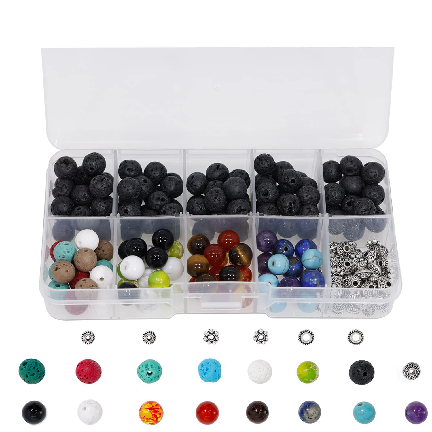 Lava Beads, 230Pcs Lava Beads Stone Kits Chakra Beads Spacer Beads Round Loose Beads for Essential Oils Yoga Bracelets DIY Jewelry Making Supplies