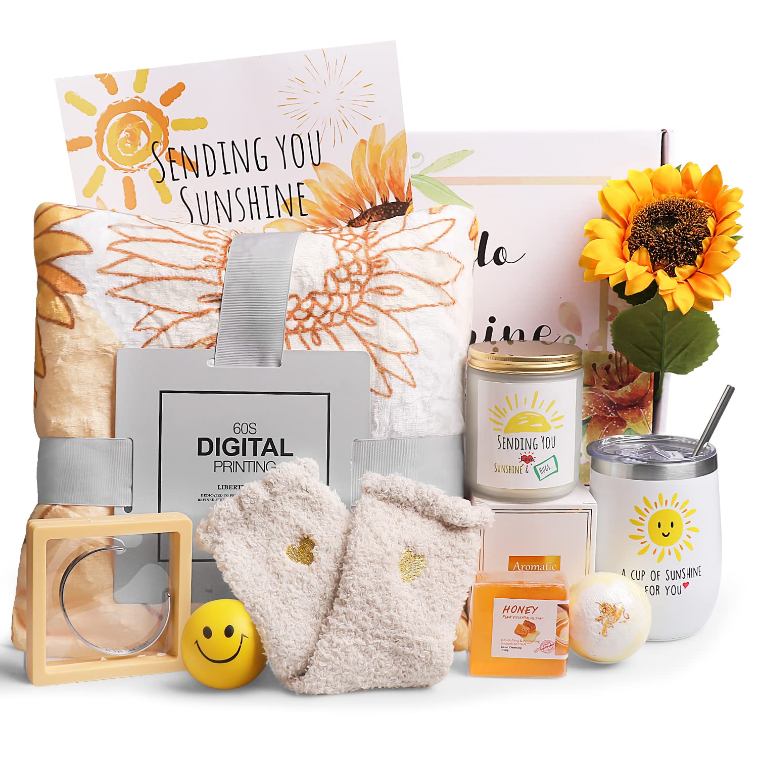 Sending Sunshine Gift Box for Women, 10pcs Get Well Soon Gifts Basket Care Package, Unique Birthday Gifts, Thinking of You Gifts with Inspirational Sunflower Blanket Candle for Her Sister Best Friend