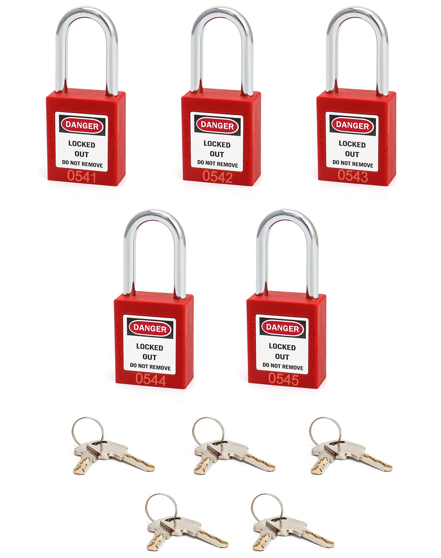 QWORK® Safety Lockout Padlock, 5 Padlocks with 10 Keys, Steel Shackle, Red