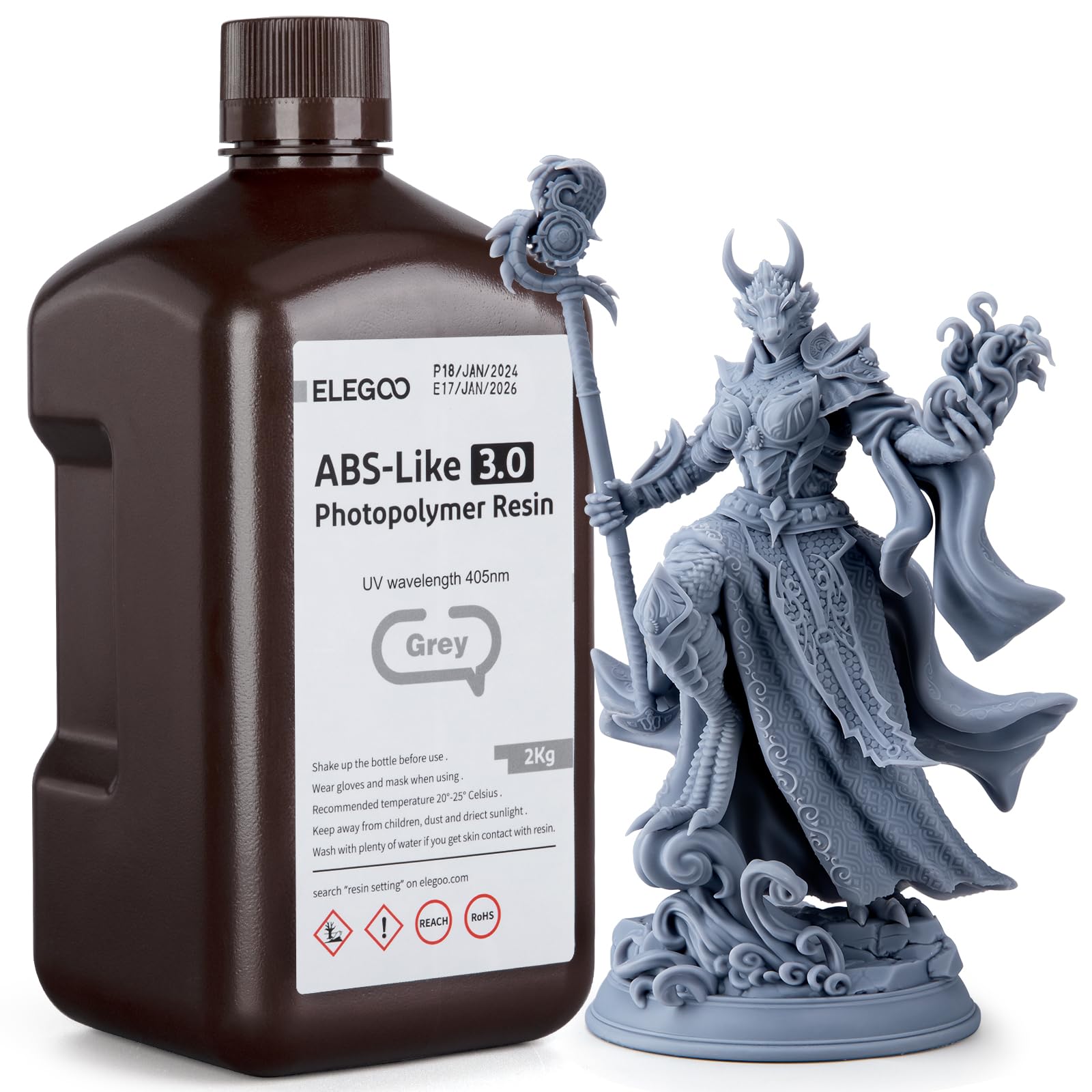 ELEGOOABS-Like 3D Printer Resin 3.0, 405nm UV-Curing Photopolymer Resin for LCD/DLP 3D Printing, with Enhanced Strength and Toughness, High Precision, Low Viscosity, Grey 2KG