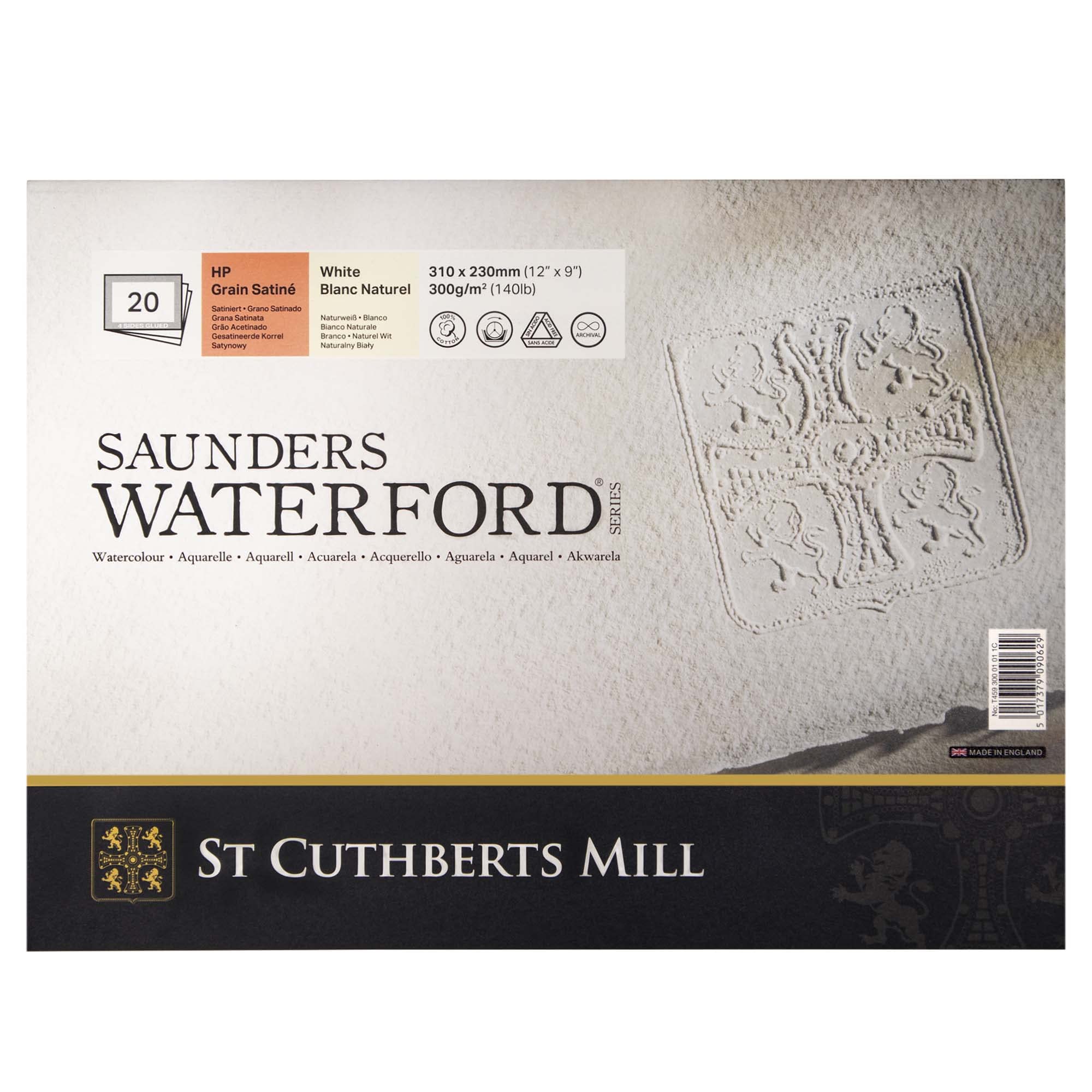 SAUNDERS WATERFORD Series, Glued Pad 4 Sides, 23x31 cm, Satin Grain, 300 g, 20 Sheets, 100% Cotton Watercolor Paper, White