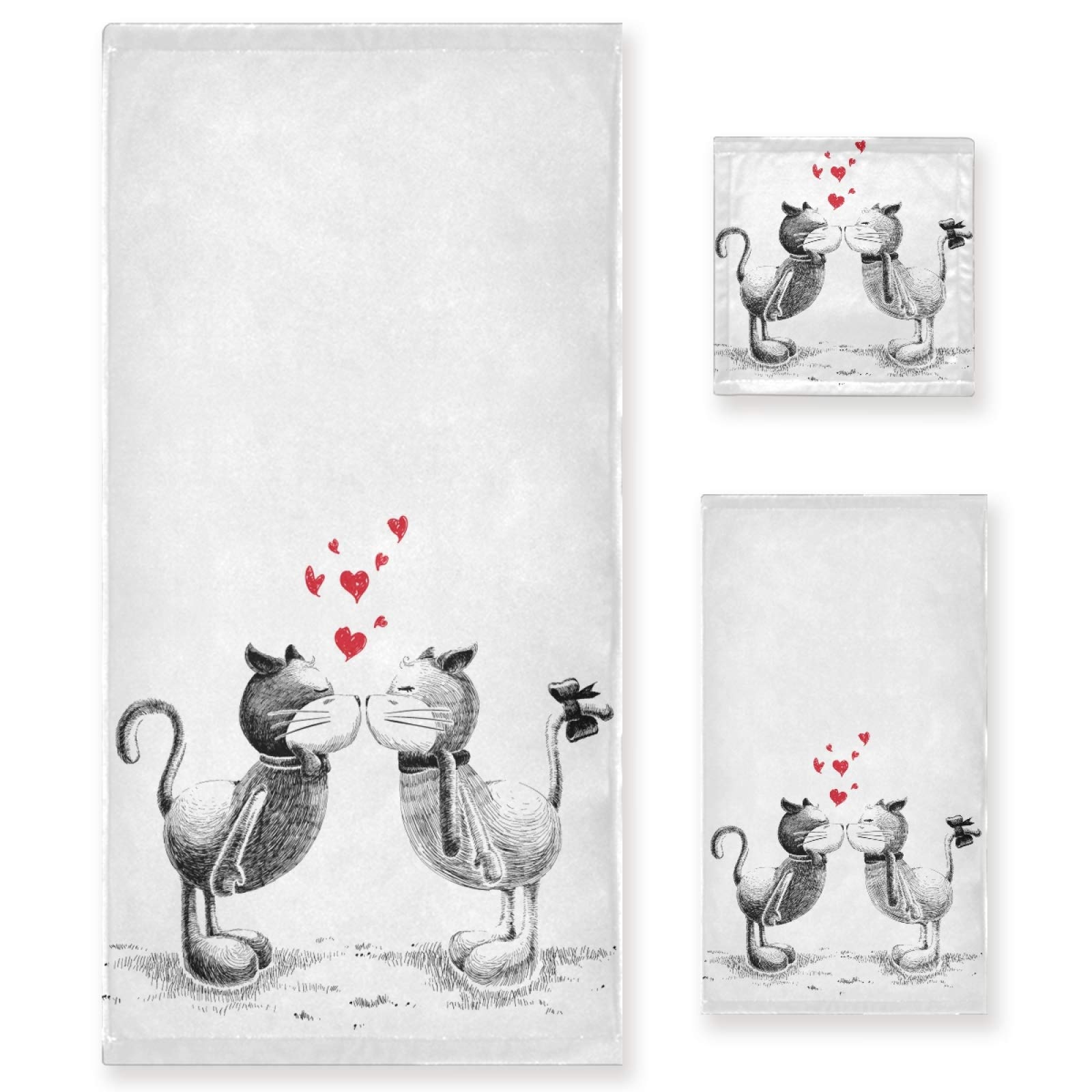 NaanleNaanle Cute Kiss Couple Cats Valentine's Day Soft Luxury Decorative 3 Pieces Towels Set, 1 Bath Towel+1 Hand Towel+1 Washcloth, Multipurpose for Bathroom, Hotel, Gym, Spa and Kitchen