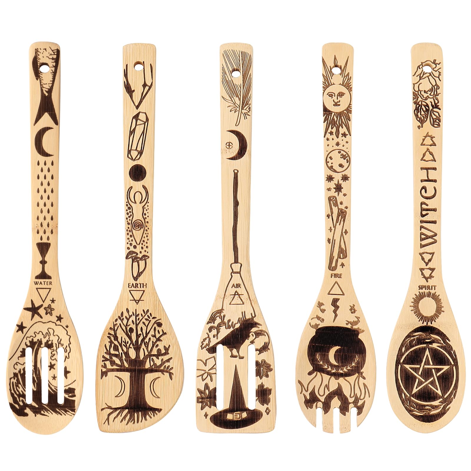 FUTERLY Witchy Gifts for Women - 5 PCS Wooden Spoons for Cooking,Witch Stuff for Kitchen Decor,Cottagecore Gifts for Witches,Witch Set for Pagan Decor, Witch Gifts for Friends