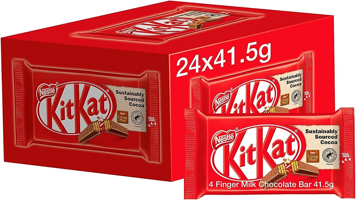 Kit Kat Chocolate Bars | 4 Fingers | 24 Packs of 41.5 g| Kit Kat Milk Buscuit Chocolate Blocks | Bulk Gift Box | Easter Christmas Birthday Present School Gifts | UK Stock | Sold by Essential Products