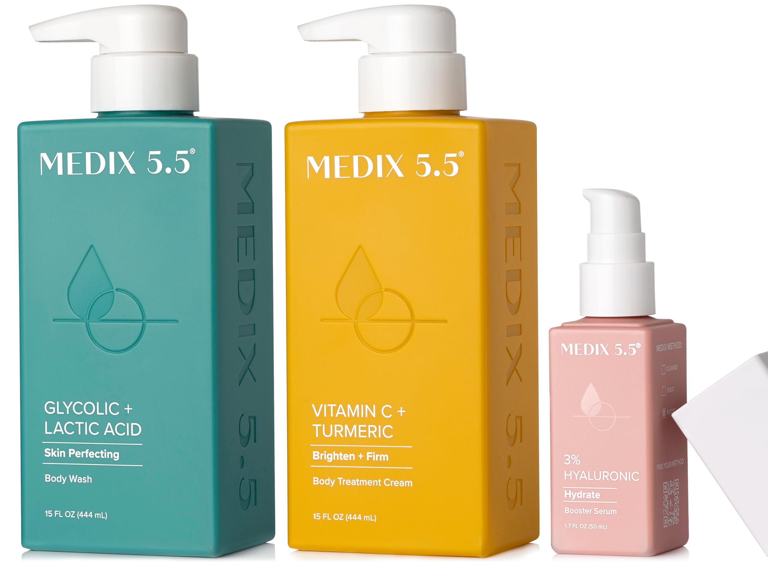 Medix 5.5Vitamin C Body Cream + Glycolic Acid Exfoliating Body Wash + 3% Hyaluronic Acid Hydrating Booster Serum Set