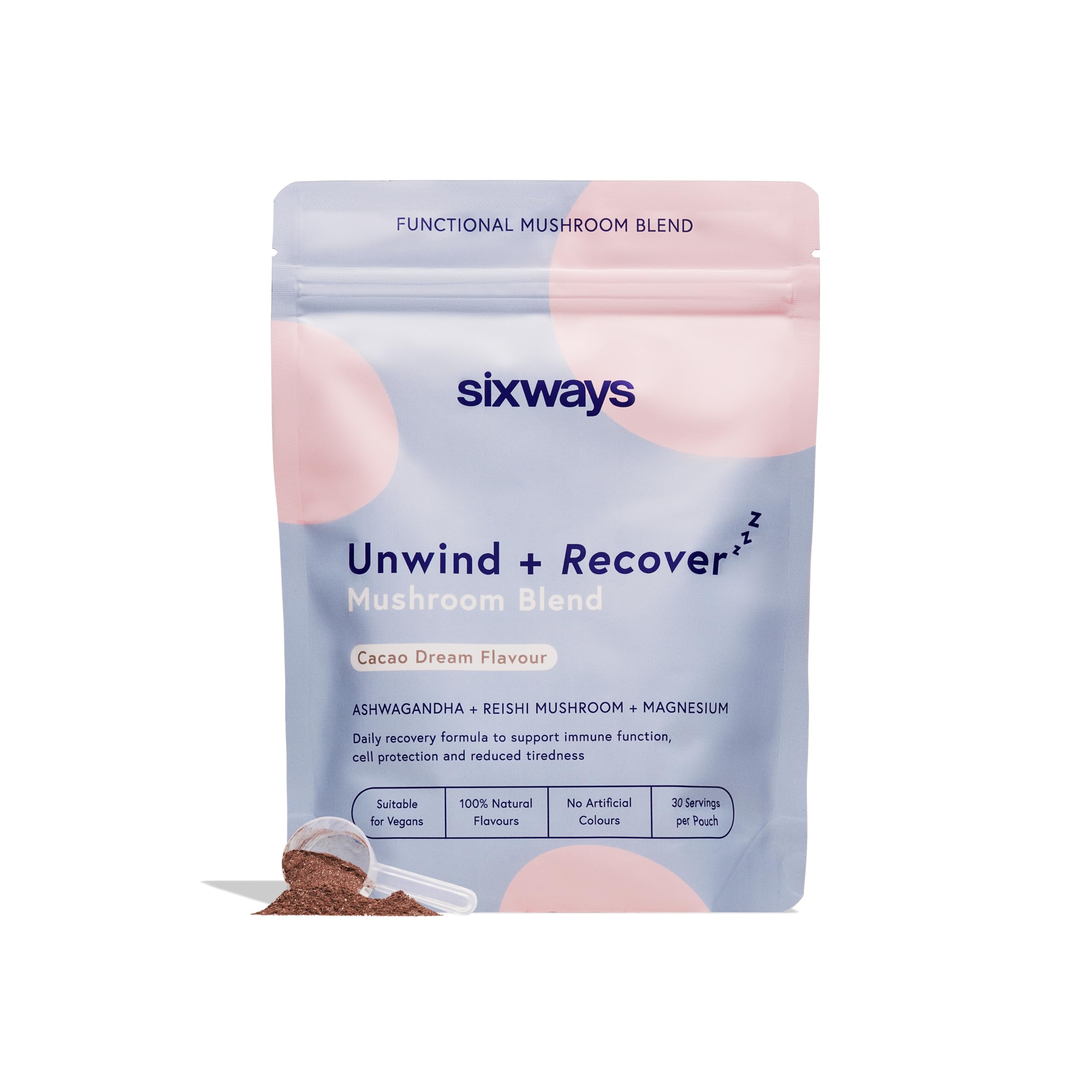 Sixways Unwind and Recover Sleep Drink 30 Servings (150 g),Cacoa Flavour, Ashwagandha Powder, Hormone and Anxiety Aid, Magnesium, Reishi Mushroom, Vegan, Gluten Free, Magnesium Infused for Relaxation