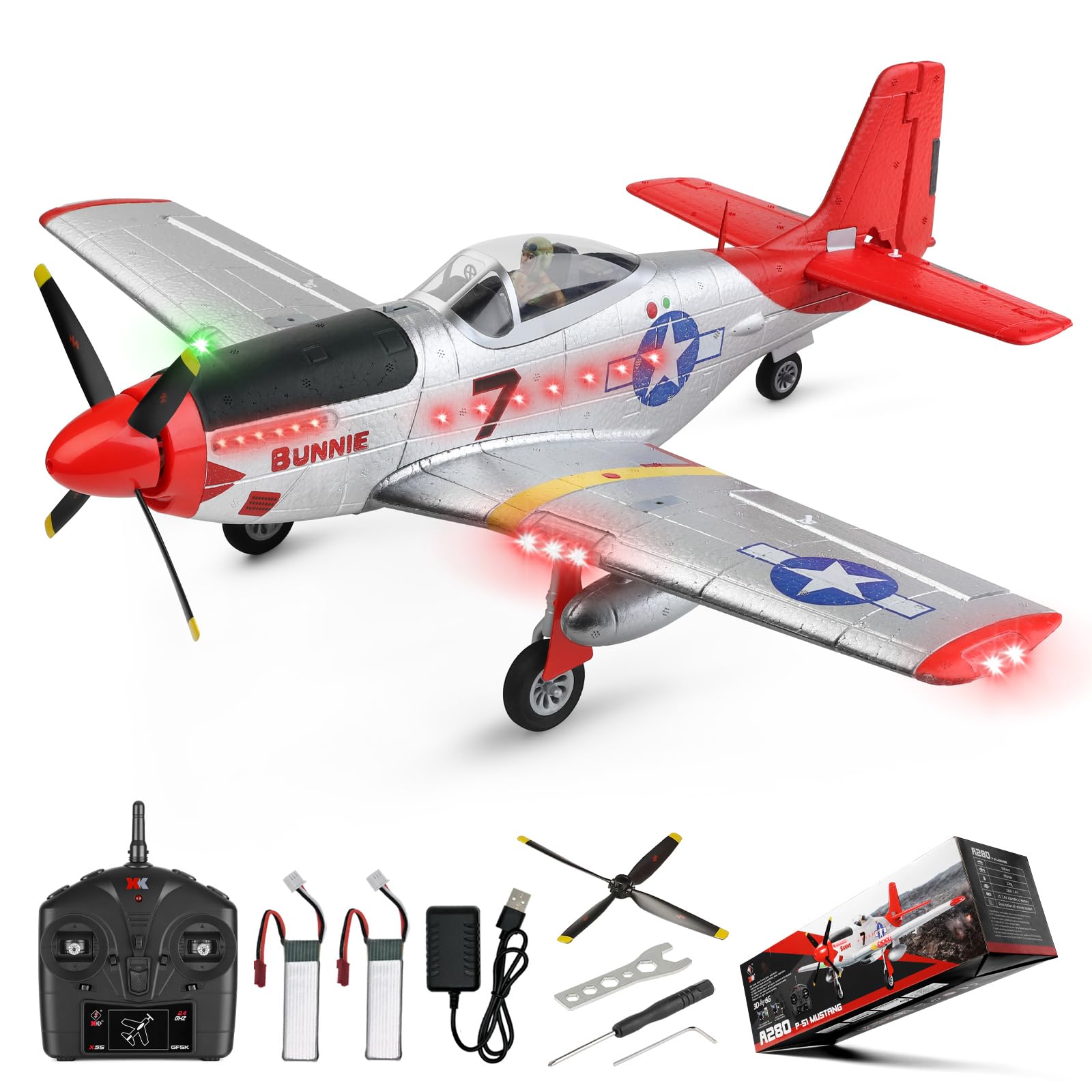 CKYSCHN WLtoys XK A280 RC Airplane, P51 Mustang 4 Channel RC Plane with Lights, 6G/3D Brushless RC Planes, 2.4G Remote Control Airplane, Hobby RC Planes Gifts for Adults