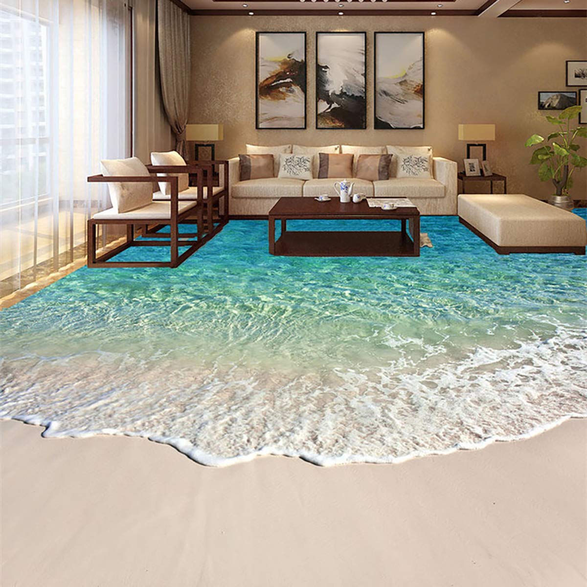 ECYC 3D Water Waves Beach Ocean Waterproof Creative Floor Tiles Painting Murals Sticker