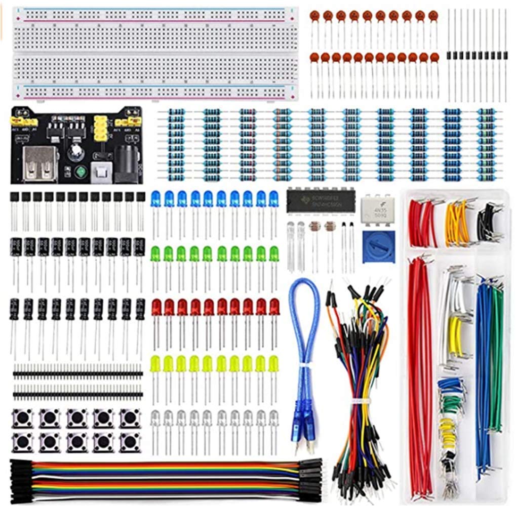 Capacitor Resistor Kit Electronic Components Basic Starter Kit LED Diodes 830pcs , 30 Values Resistors,Electrolytic Capacitor Package, Ceramic Capacitors, Common Diodes, Common Transistor