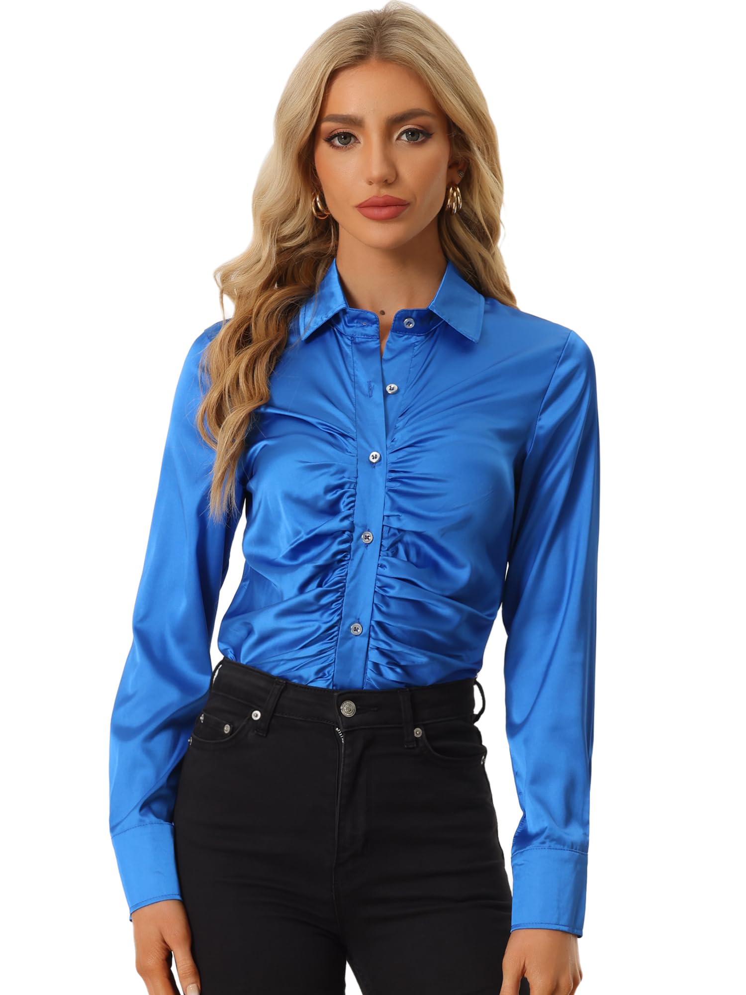 Allegra KWomen's Satin Blouse Casual Pleated Long Sleeve Point Collar Work Office Button Down Shirts