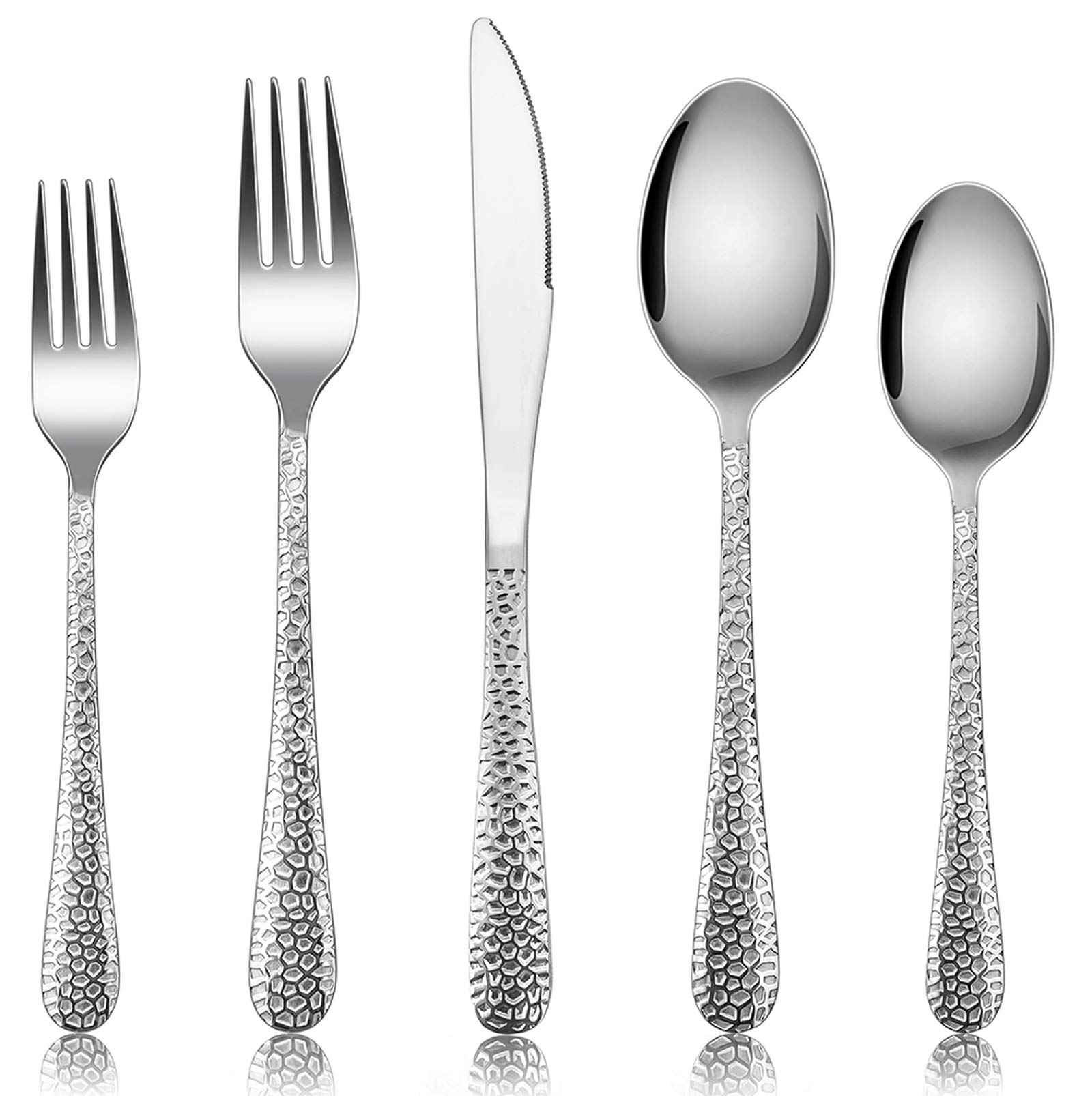 E-farHammered Silverware Set for 8, 40-Piece Stainless Steel Flatware Cutlery Set, Includes Knives, Forks, Spoons, Modern Design & Mirror Polished - Dishwasher Safe