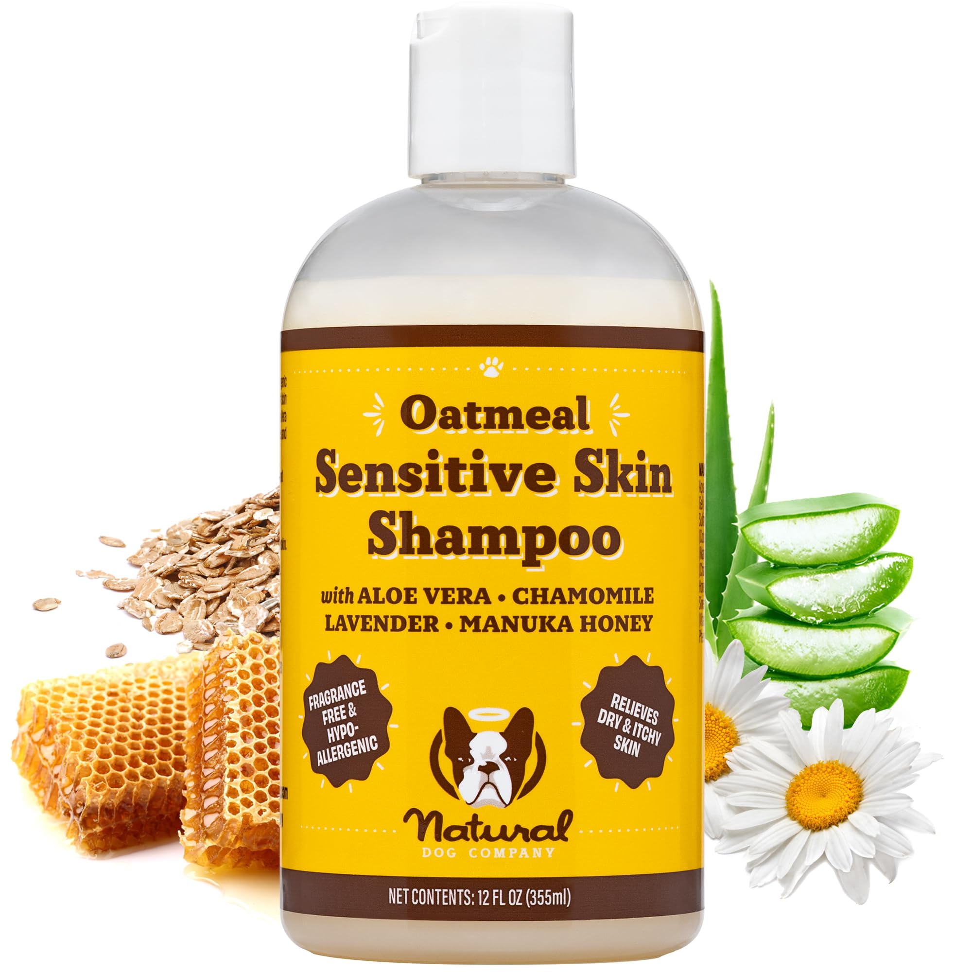 Natural Dog Company Sensitive Skin Dog Shampoo with Oatmeal and Aloe Vera, Cleans, Moisturizes and Relieves Dry Itchy Skin, Hypoallergenic, All Natural Ingredients, 12oz Bottle