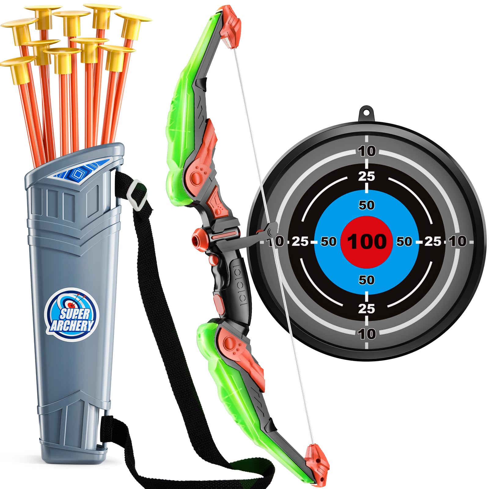 TEMIBow and Arrow Set for Kids with LED Lights-Archery Set with Suction Cup Arrows, Quivers & Standing Target, Outdoor Toys for Children Boys & Girls Ages 3-12 Years Old