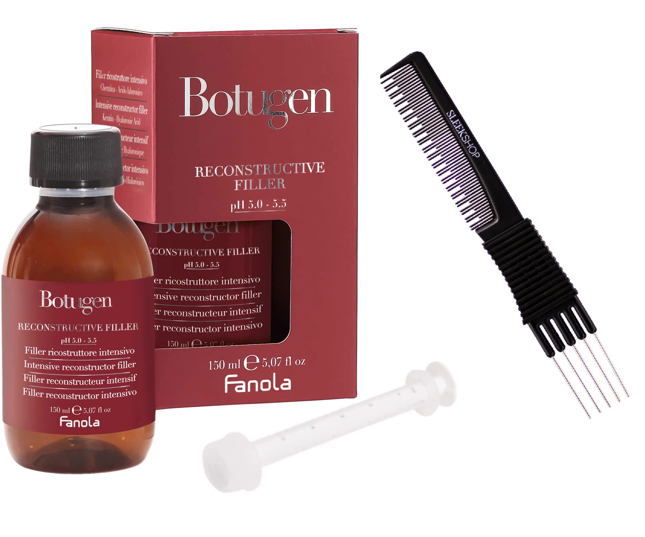 Sleekshop Comb + FanoIa BOTUGEN Botolife INTENSIVE RECONSTRUCTIVE FILLER, Hair Reconstruction System (w/SLEEKSHOP Premium Carbon Teasing Comb) (Reconstructive Filler (5.07 oz))