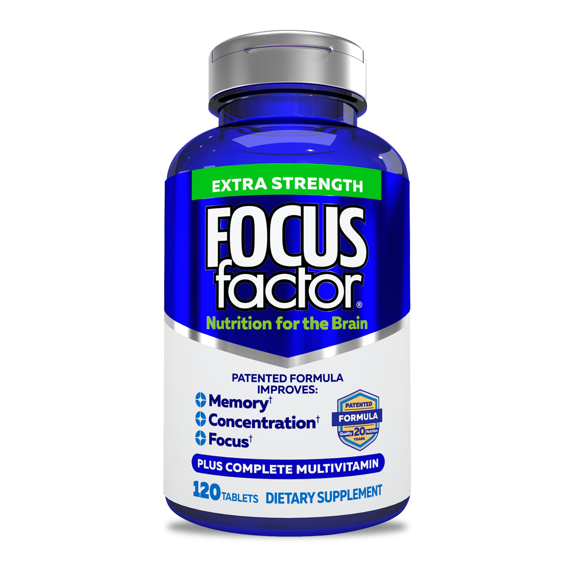 Focus Factor Adults Extra Strength, 120 Count - Brain Supplement for Memory, Concentration and Focus - Complete Multivitamin with DMAE, Vitamin D, DHA - Trusted Health Vitamins