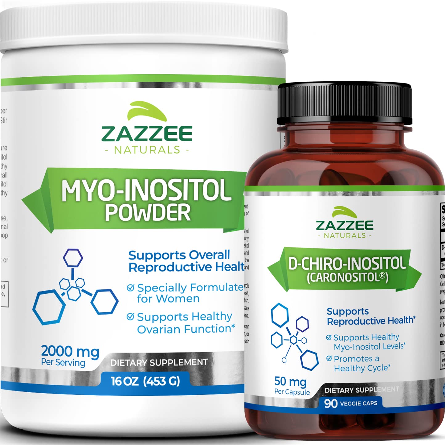 ZazzeeMyo-Inositol Powder and D-Chiro-Inositol Capsules, Ideal Dosage for 40:1 Ratio, Vegan, Non-GMO and All-Natural