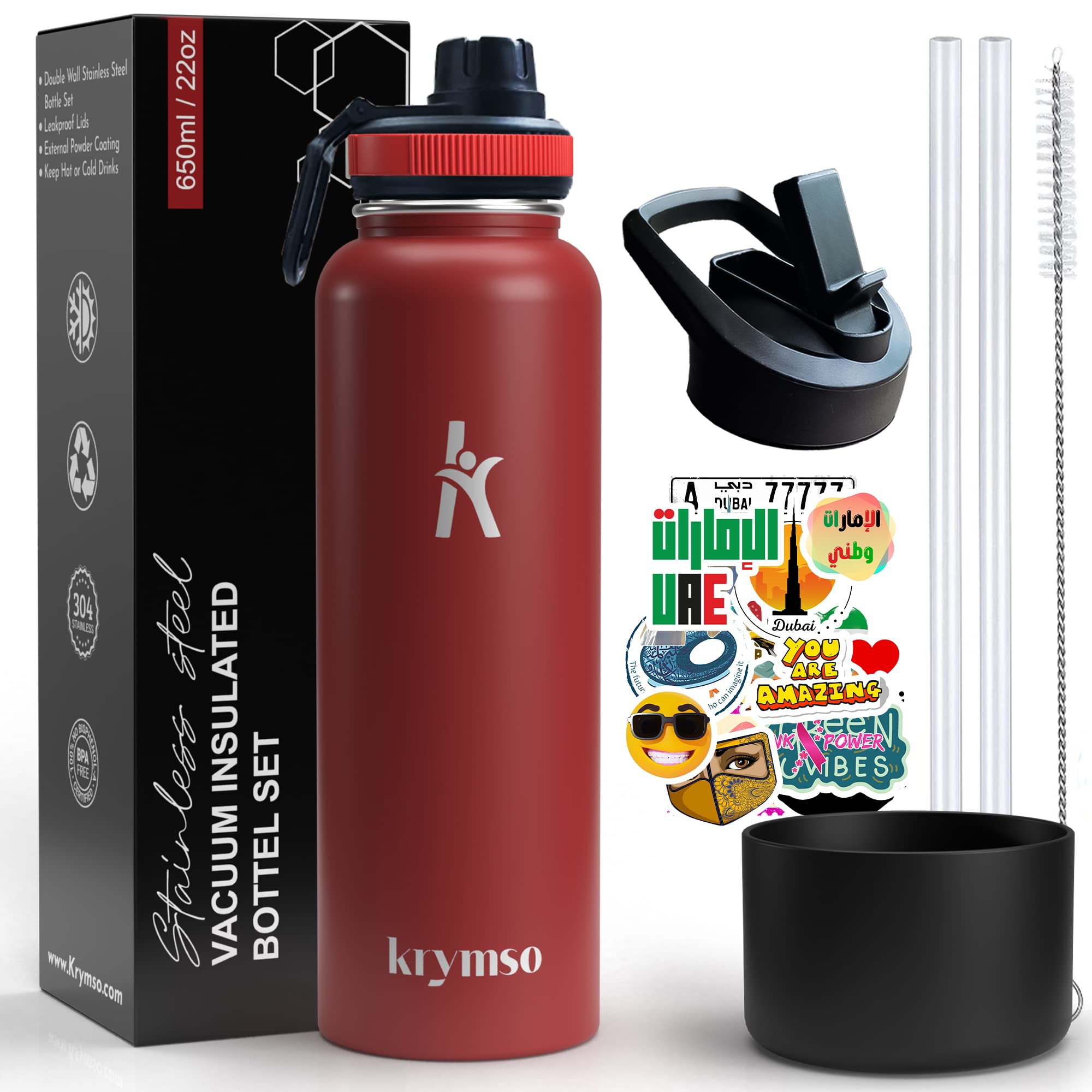 KRYMSO, Stainless Steel Water Bottle, Sports Water bottle with Straw, Spout Lid, Protective Silicone Boot, Insulated Double wall Thermos Flask Hot Water bottle for kids Gym (650ml / 22oz, Crimson Red)