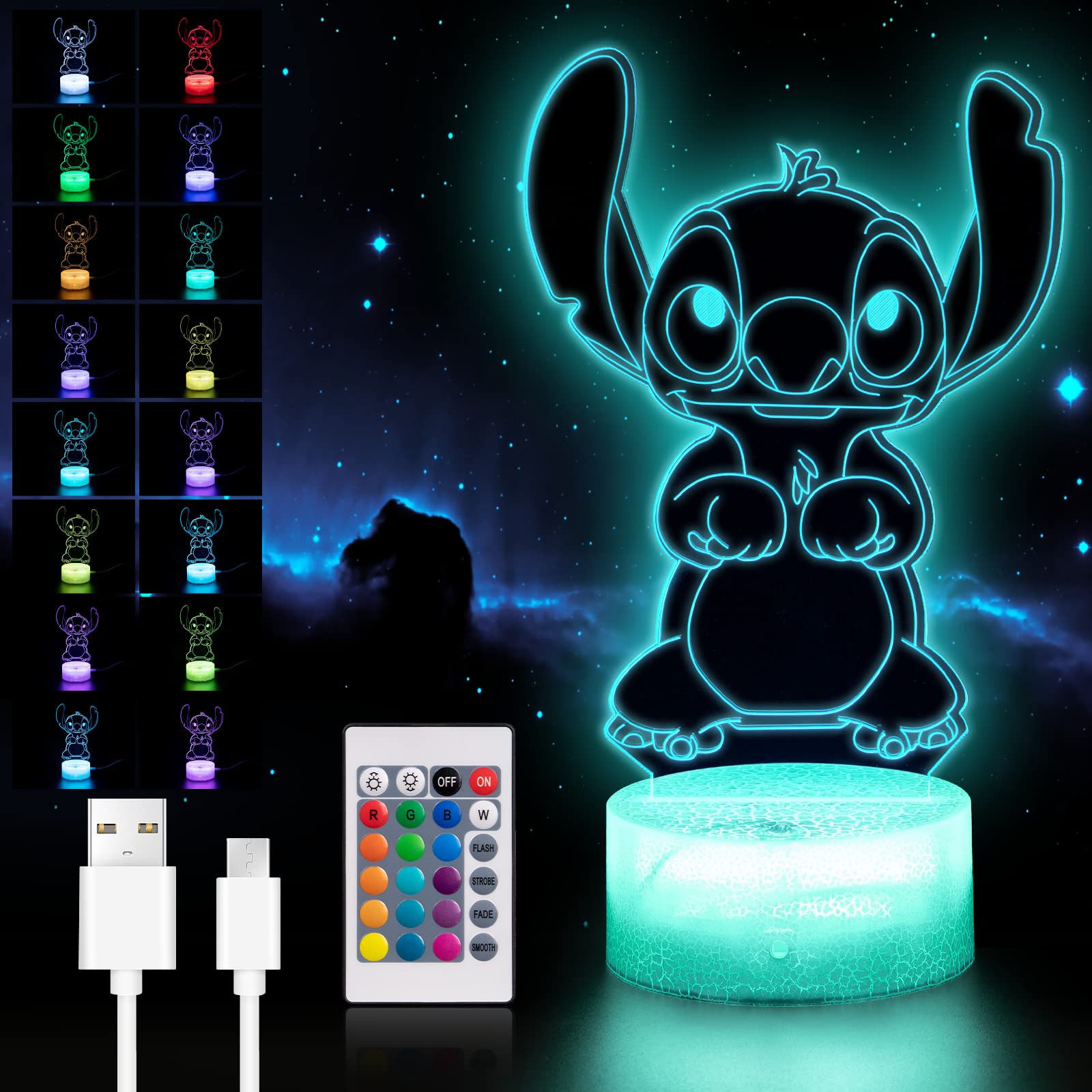 Sudwasi 3D LED Illusion Lamp,Stich Night Light for Kids with 16 Colors Changes and Remote Control, Night Light for Children Boys/Girls, 3D LED Lamp for Bedroom Decoration [Energy Class G]