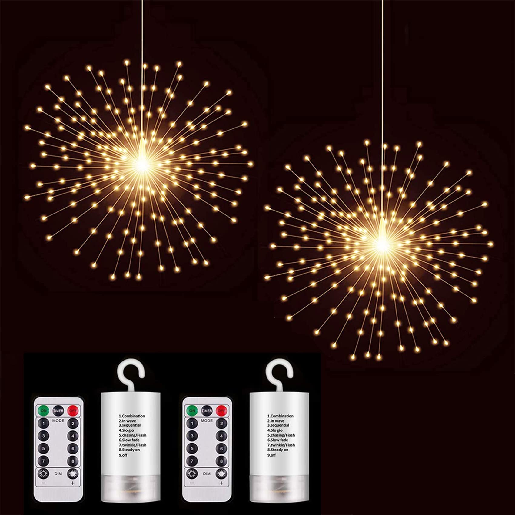 PXB 2 Pack Starburst Sphere Lights,200 Led Firework Lights, 8 Modes Dimmable Remote Control Waterproof Hanging Fairy Light, Copper Wire Lights for Patio Parties Christmas Decoration (Warm White)