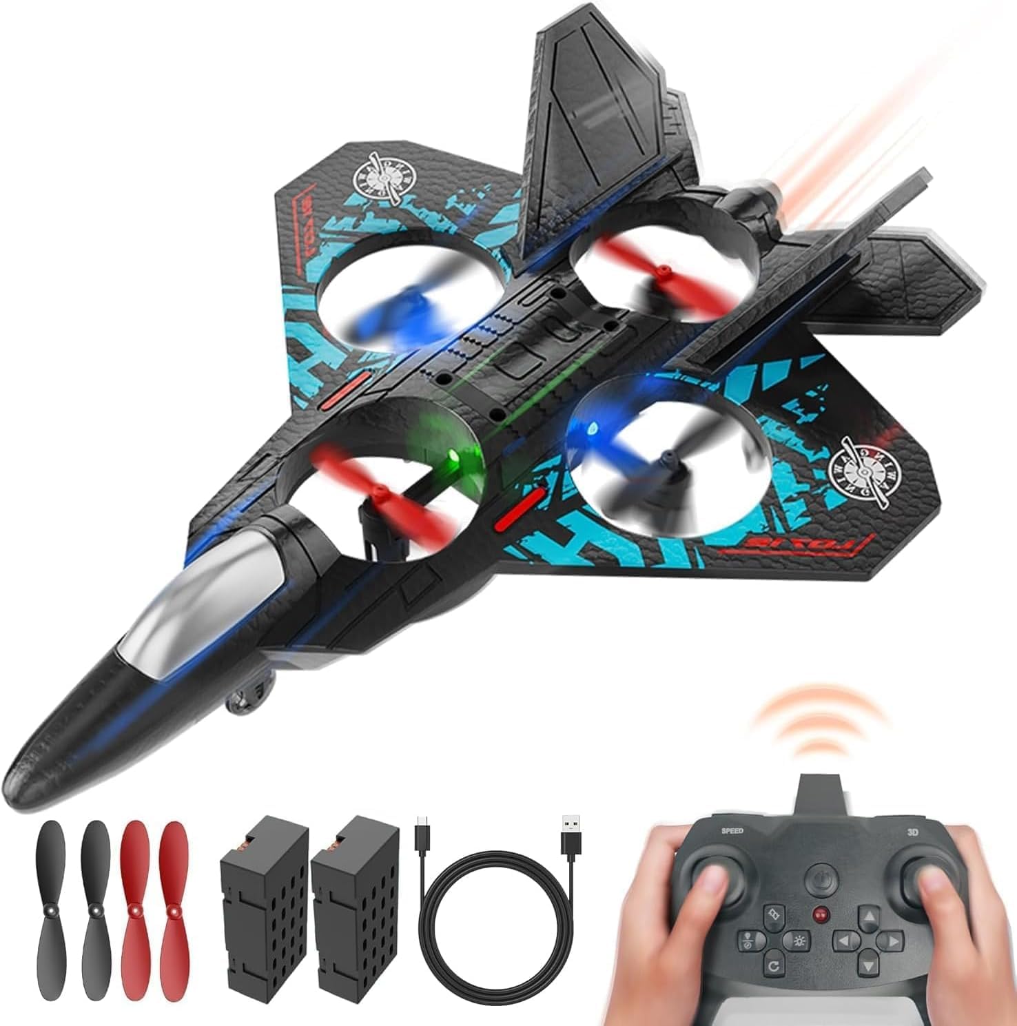 RC Fighter Jet with 2.4GHz Remote Control – Quadcopter Plane for Kids & Adults, USB Rechargeable with LED Night Lights, Beginner-Friendly Design