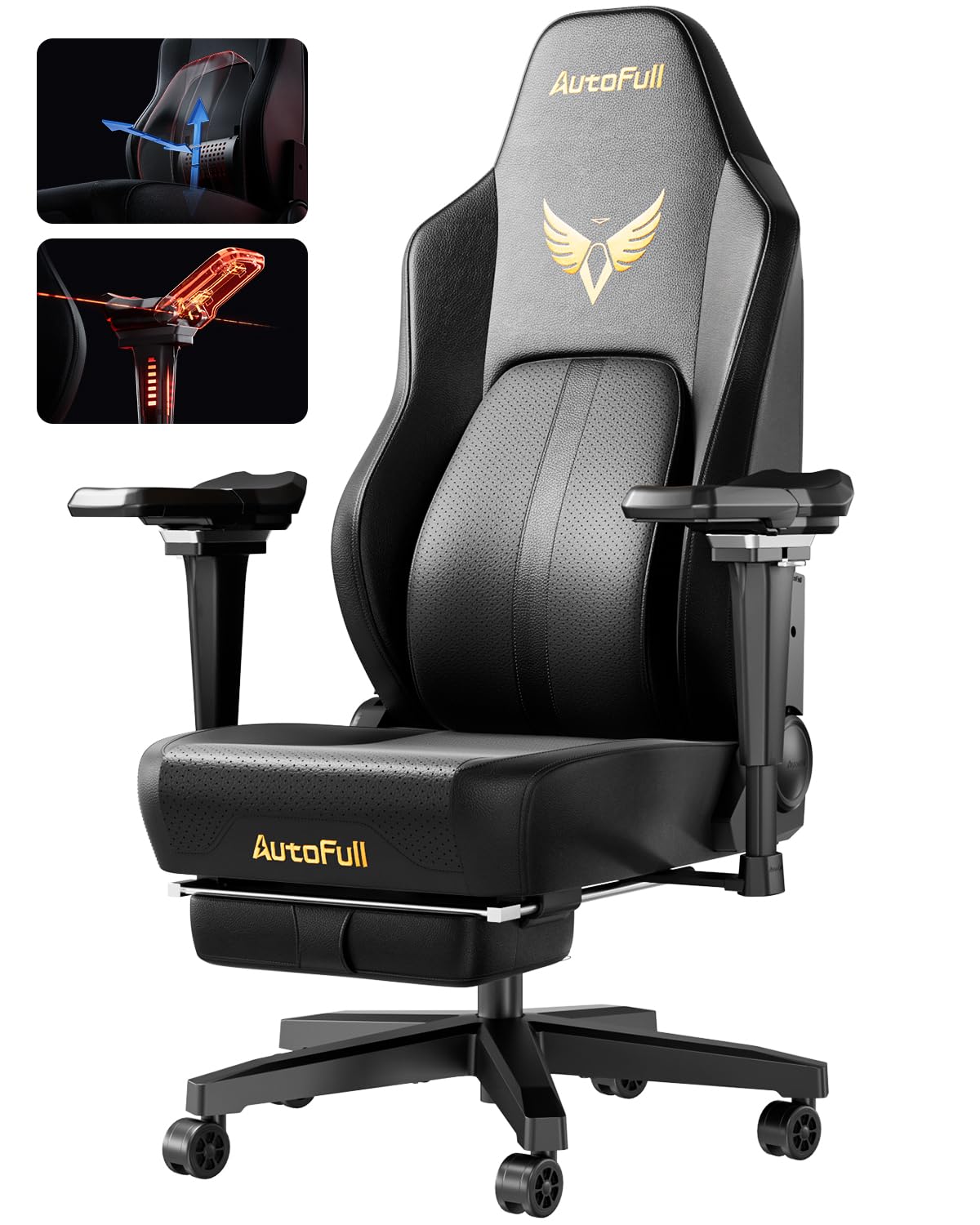 AutoFullM6 Gaming Chair, Ergonomic Office Chair with Dynamic Lumbar Support, 6D Adjustable Armrests and Footrest（Black）