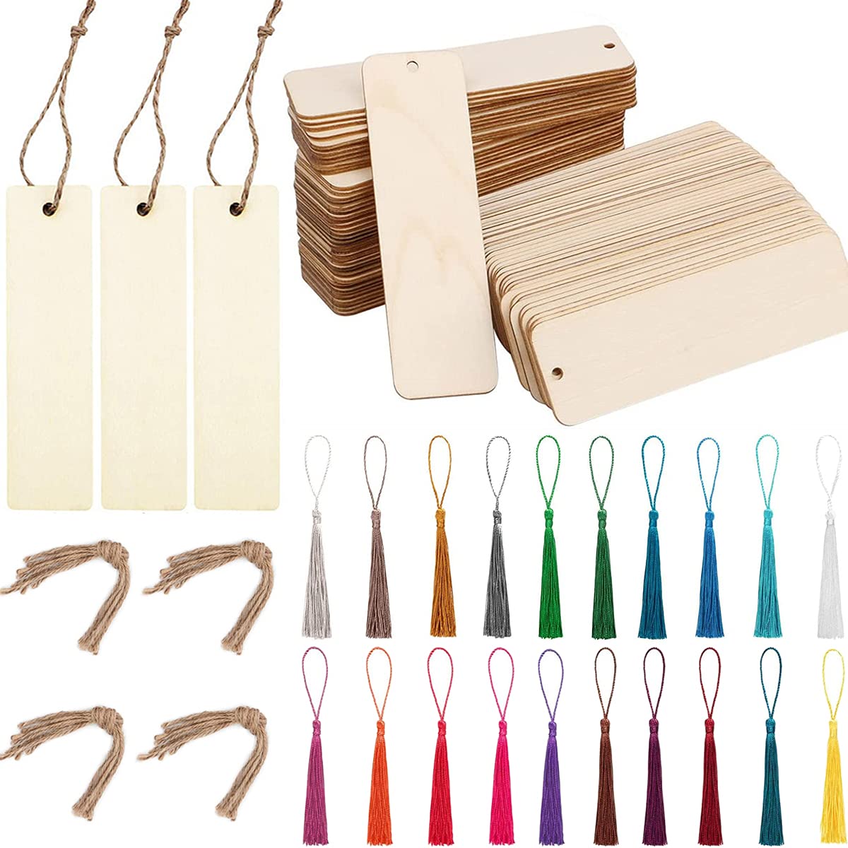 ZOCONE 108 PCS Blank Wood Bookmarks Set, 36 PCS Wood Bookmark+36 PCS Colorful Tassels+36 PCS Rope, Rectangle DIY Bookmarks for Adults Kids Make DIY Creative Wood Craft Bookmark,12 * 3.2CM