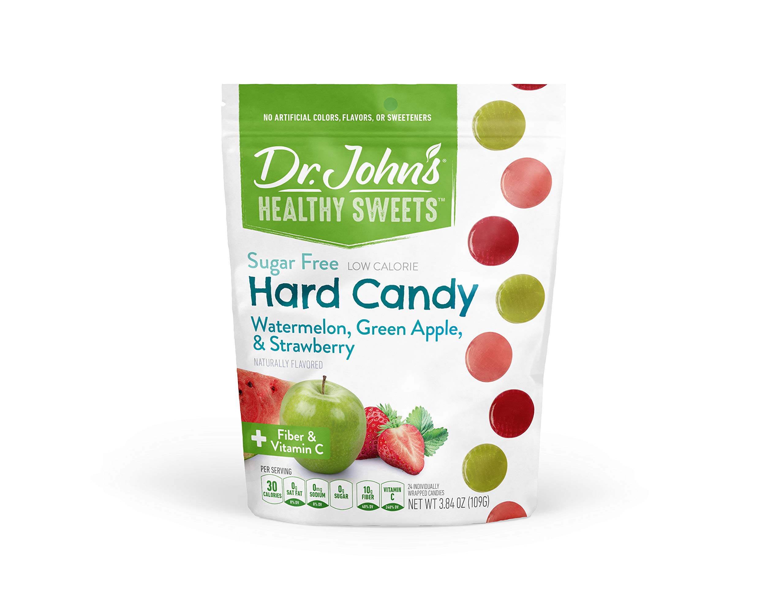 Dr. John’s Sugar Free Candy, Healthy Hard Candy with Zero Sugar, Low Calorie Snacks, Vegan, Gluten Free, Watermelon, Green Apple, & Strawberry, 24 count, 3.84 OZ