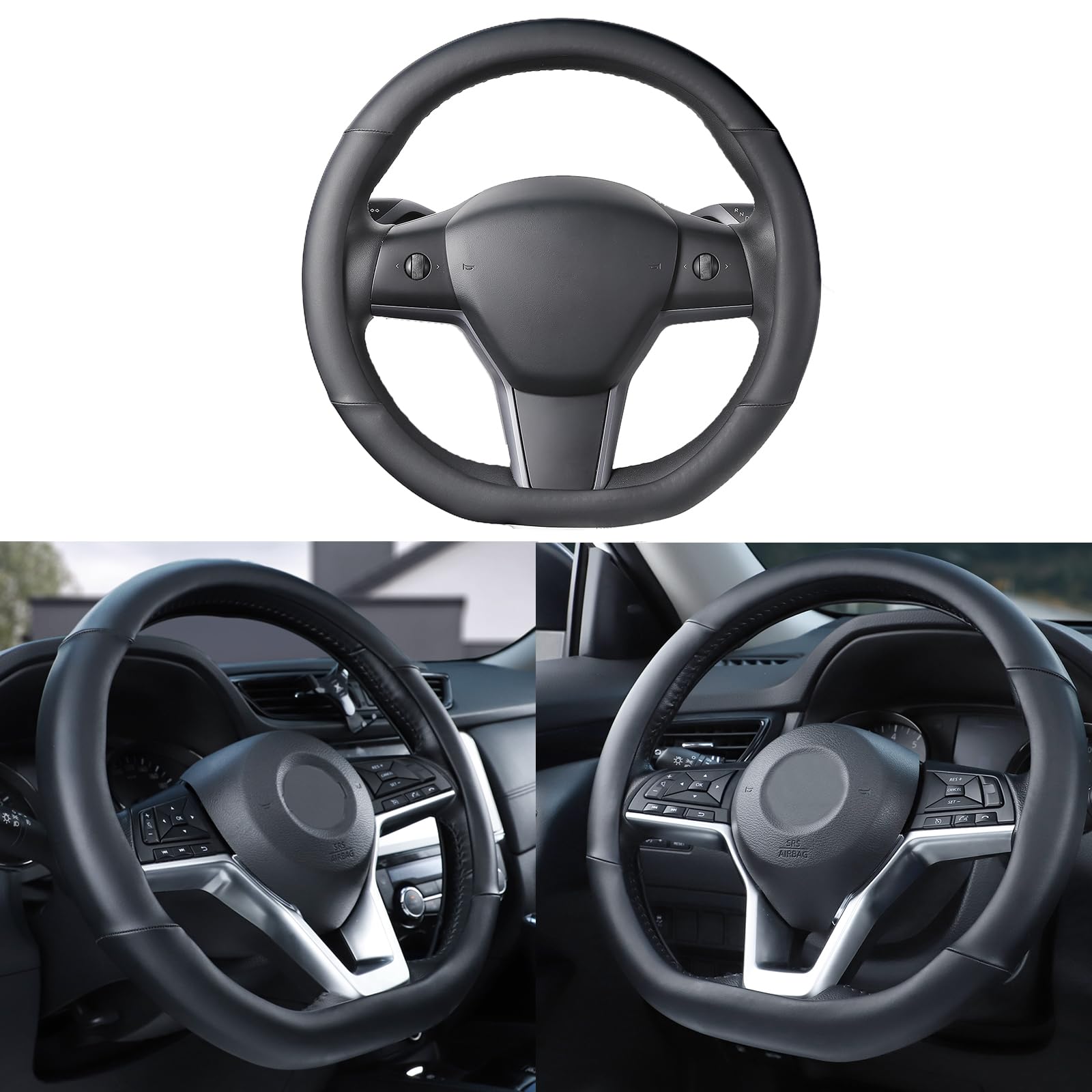 SEG Direct Flat Bottom Steering Wheel Cover, D Shaped Car Wheel Cover 14 1/2-15 in. (37-39 cm), Black Microfiber Leather