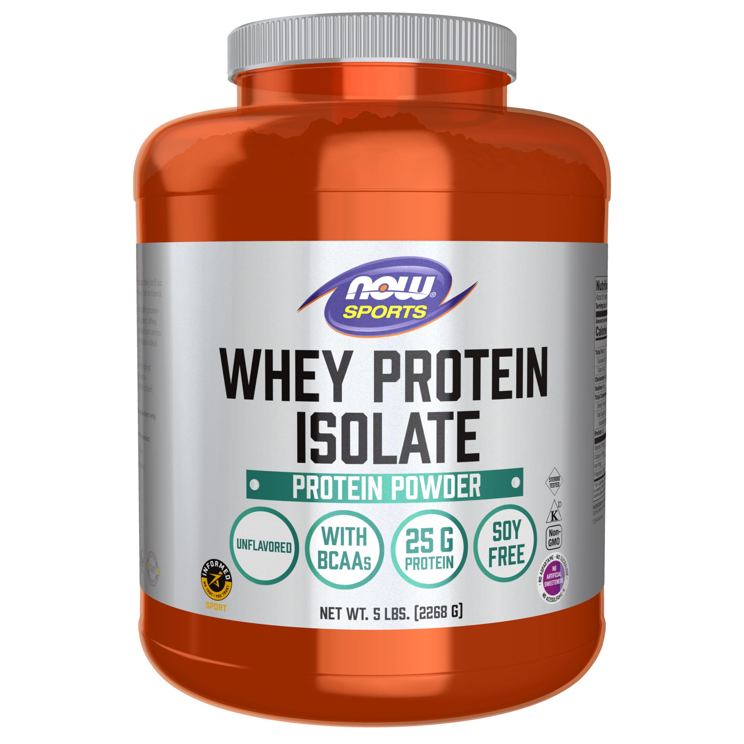 NOW FoodsSports Nutrition, Whey Protein Isolate, 25 g With BCAAs, Unflavored Powder, 5-Pound