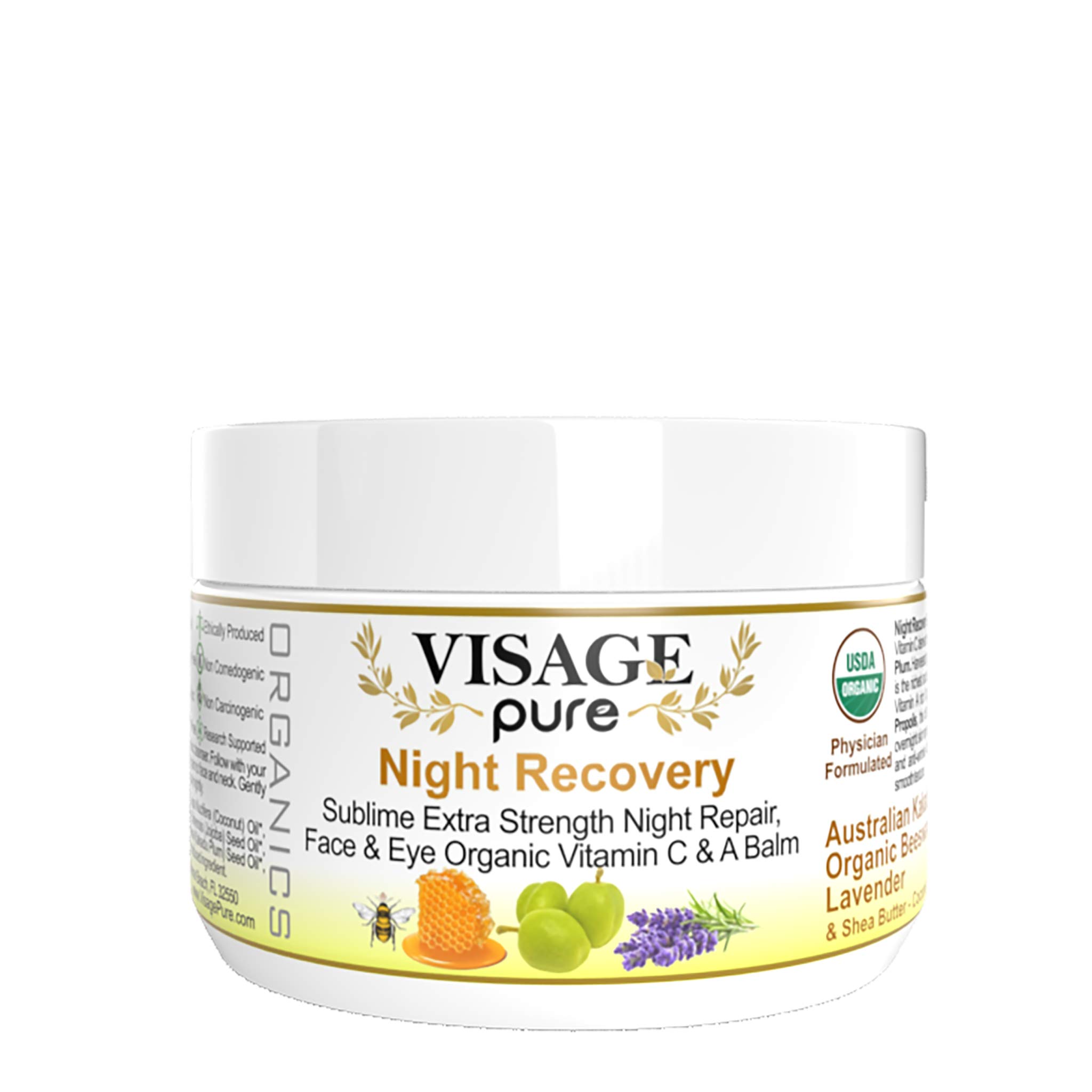 Night Recovery - Extra Strength Restorative - Melting Balm - by Visage Pure - Natural Face and Eye Vitamin C and Vitamin A Face Moisturizer. Heavily Hydrates and Nourishes Aging, Dull and Dry Skin and Restores Its Youthful glow. Keep in cool temperatures (or refrigerate to restore its consistency if melts) - USDA Organic - Physician Formulated - Research Supported