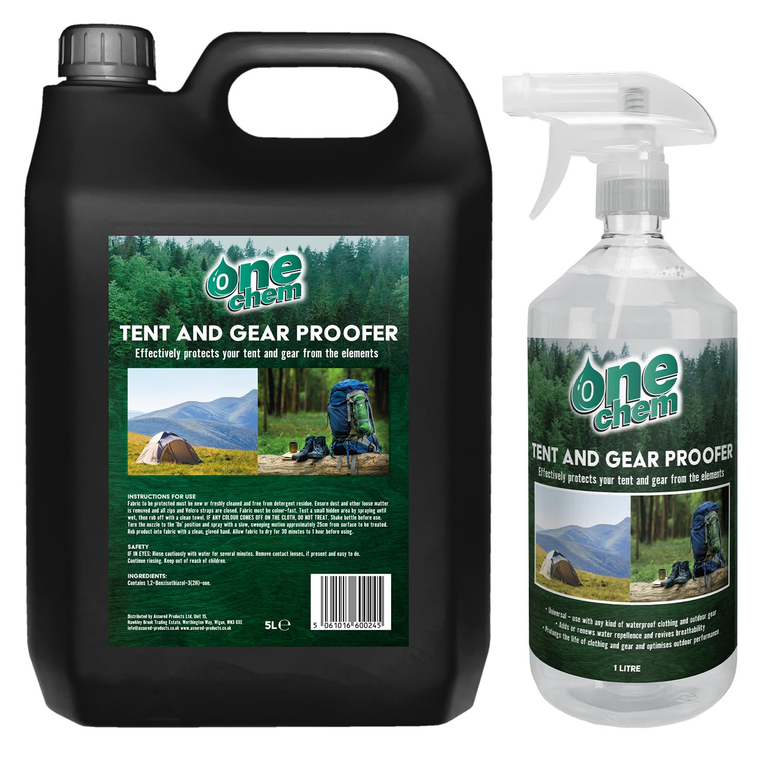 One Chem Tent and Gear Waterproof 1 Litre Spray with 5L Refill, Protects Tents and Gear From The Elements, Ideal for Camping and Hiking