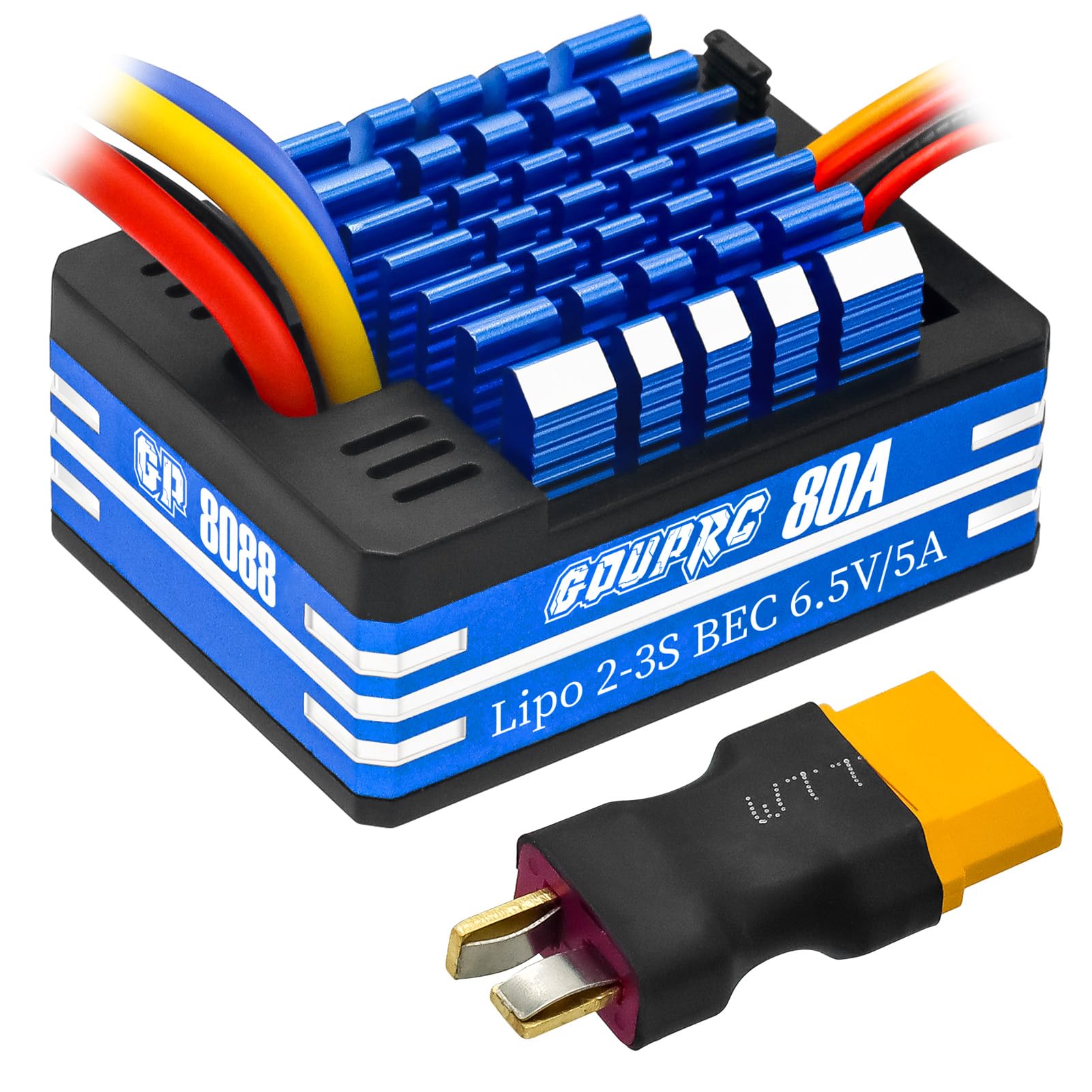 GOUPRC 2S-3S LiPo Metal Brushed ESC Electronic Speed Controller T-plug/XT60 plugs for 1/10 RC Car RC Boat for use with 540/550/750 motors (80A Blue)