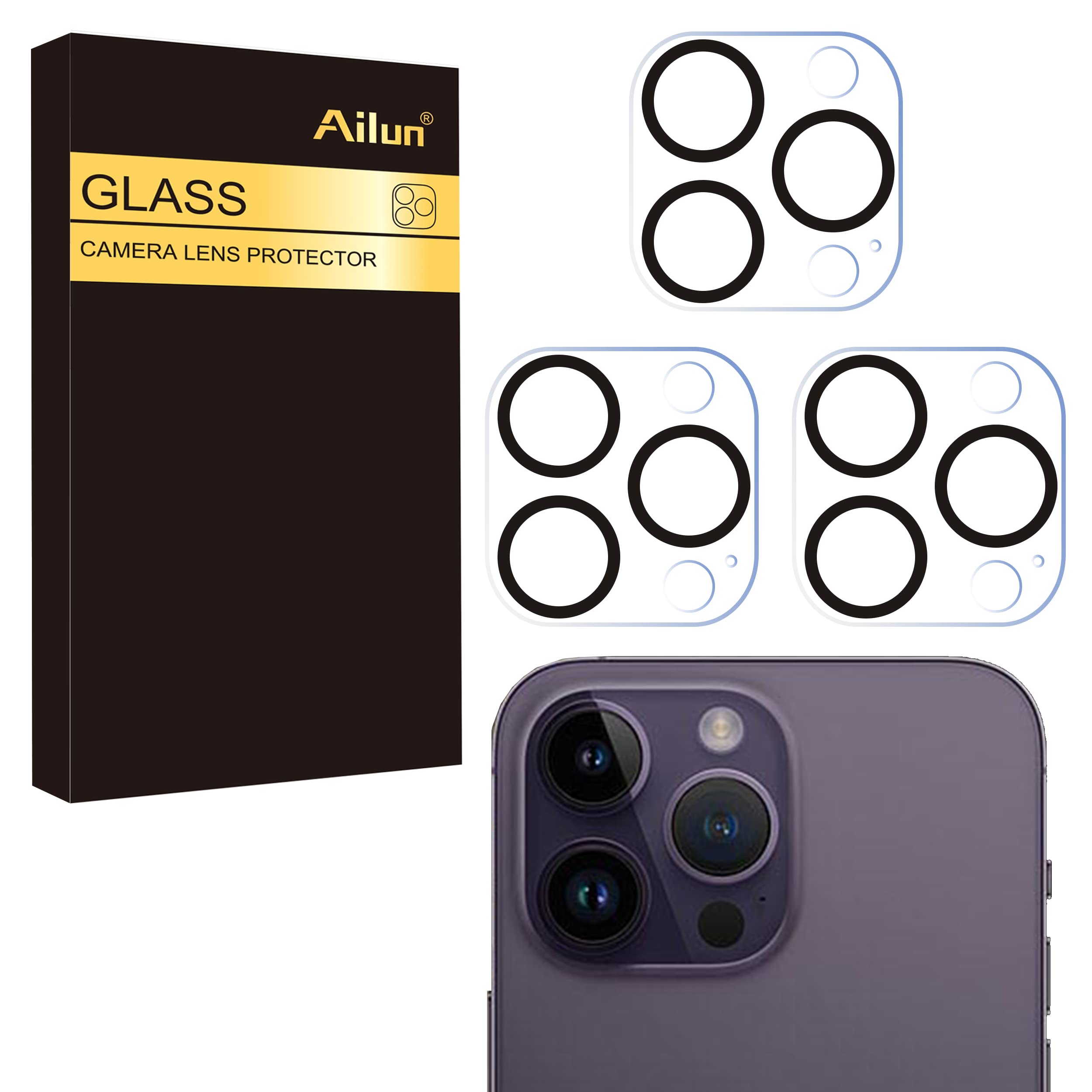 Ailun 3 Pack Camera Lens Protector for iPhone 16 Pro 6.3" / 14 Pro 6.1" ＆ iPhone 16 Pro Max 6.9" / 14 Pro Max 6.7",Tempered Glass,9H Hardness,Anti-Scratch,Case Friendly[Does not Affect Night Shots]