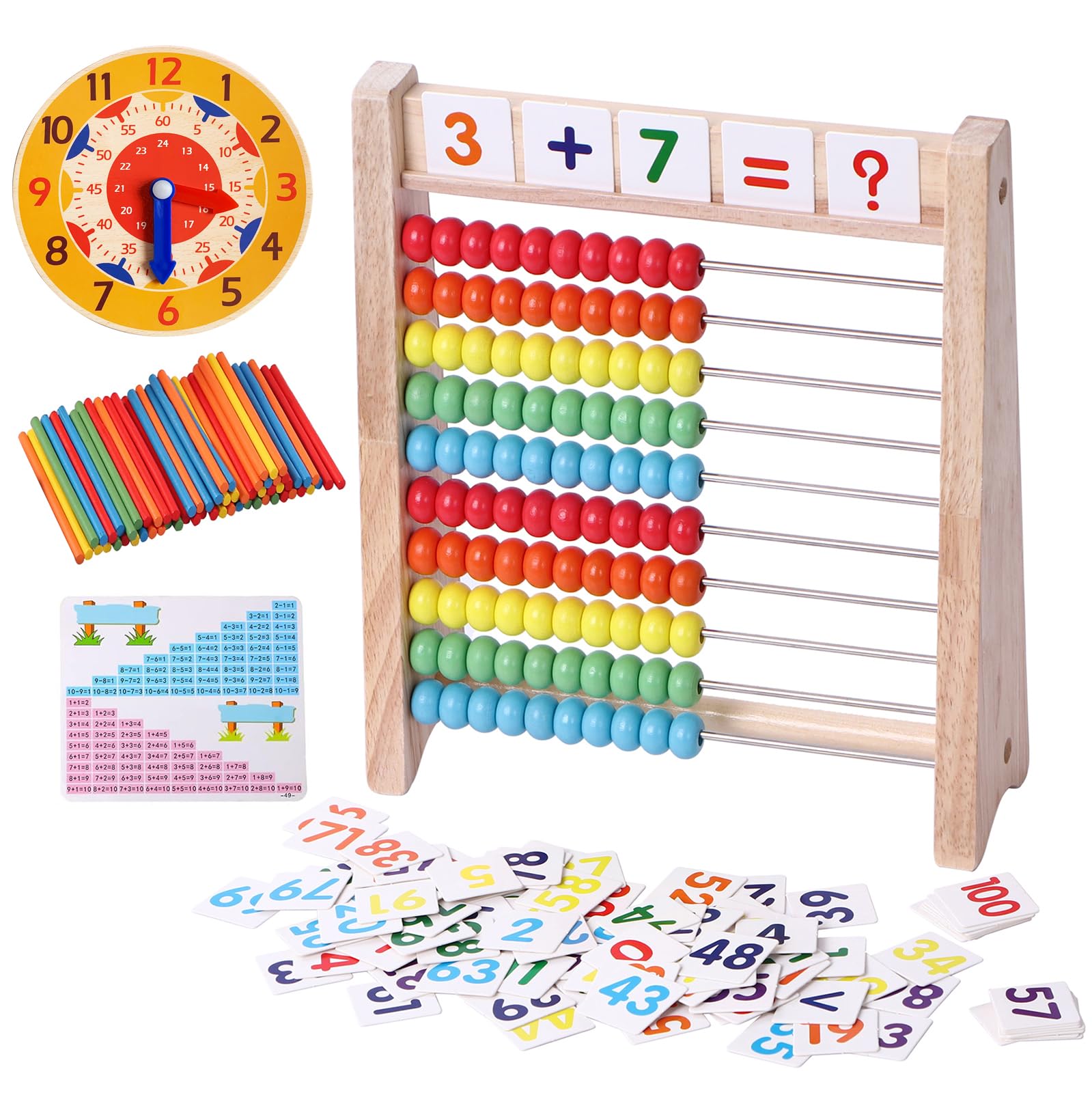 Wooden Abacus for Kids Math Manipulatives Learning Clock for 5 6 7 8 Year Old Boys Girls 1st 2nd Grade Math Counters 100 Counting Sticks Montessori Preschool Educational Math Toys Homeschool Supplies