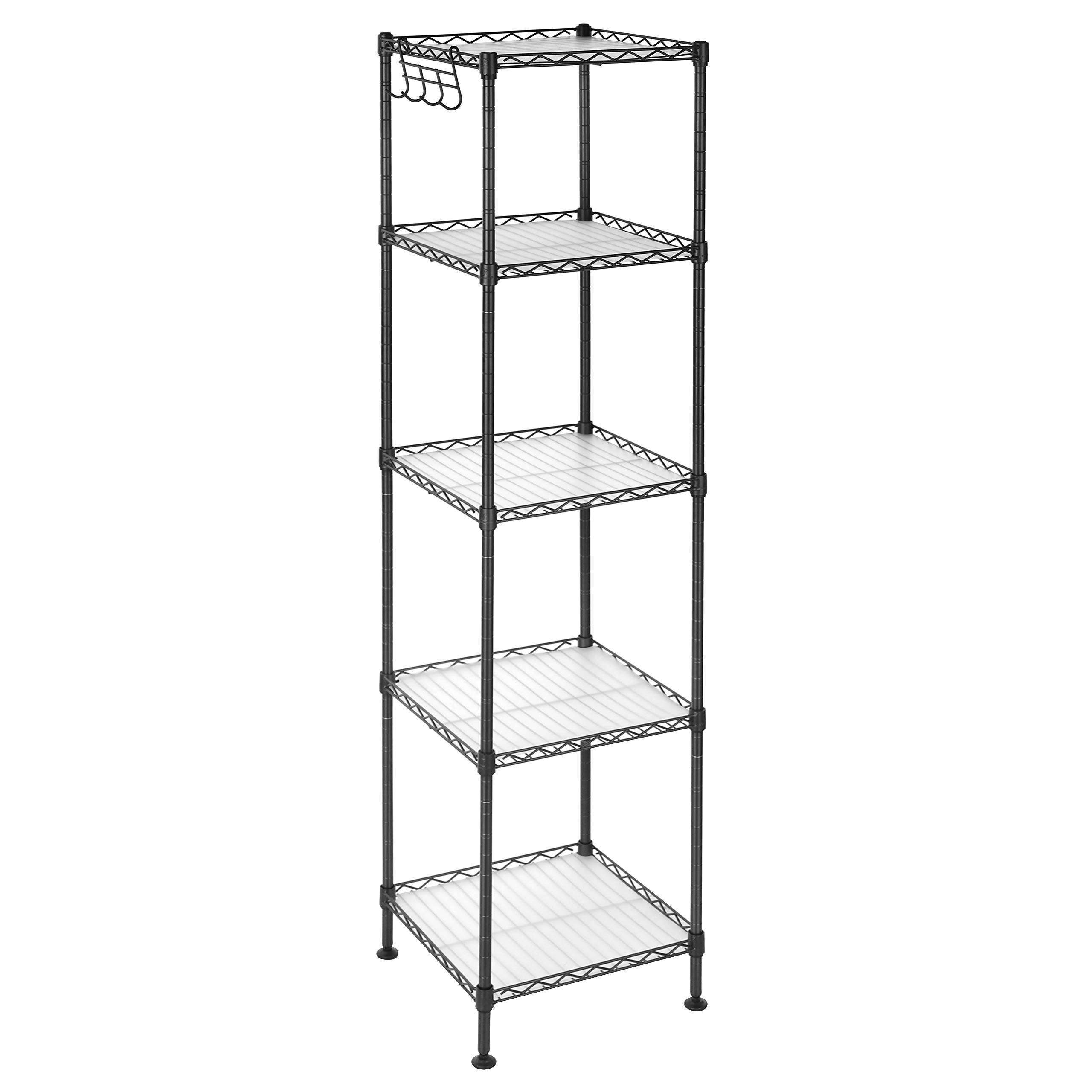 SONGMICS 5-Tier Bathroom Shelf, Storage Rack for Small Space, with 5 PP Shelf Liners, Removable Hook, Extendable Design, Ink Black and Translucent ULGR23BK