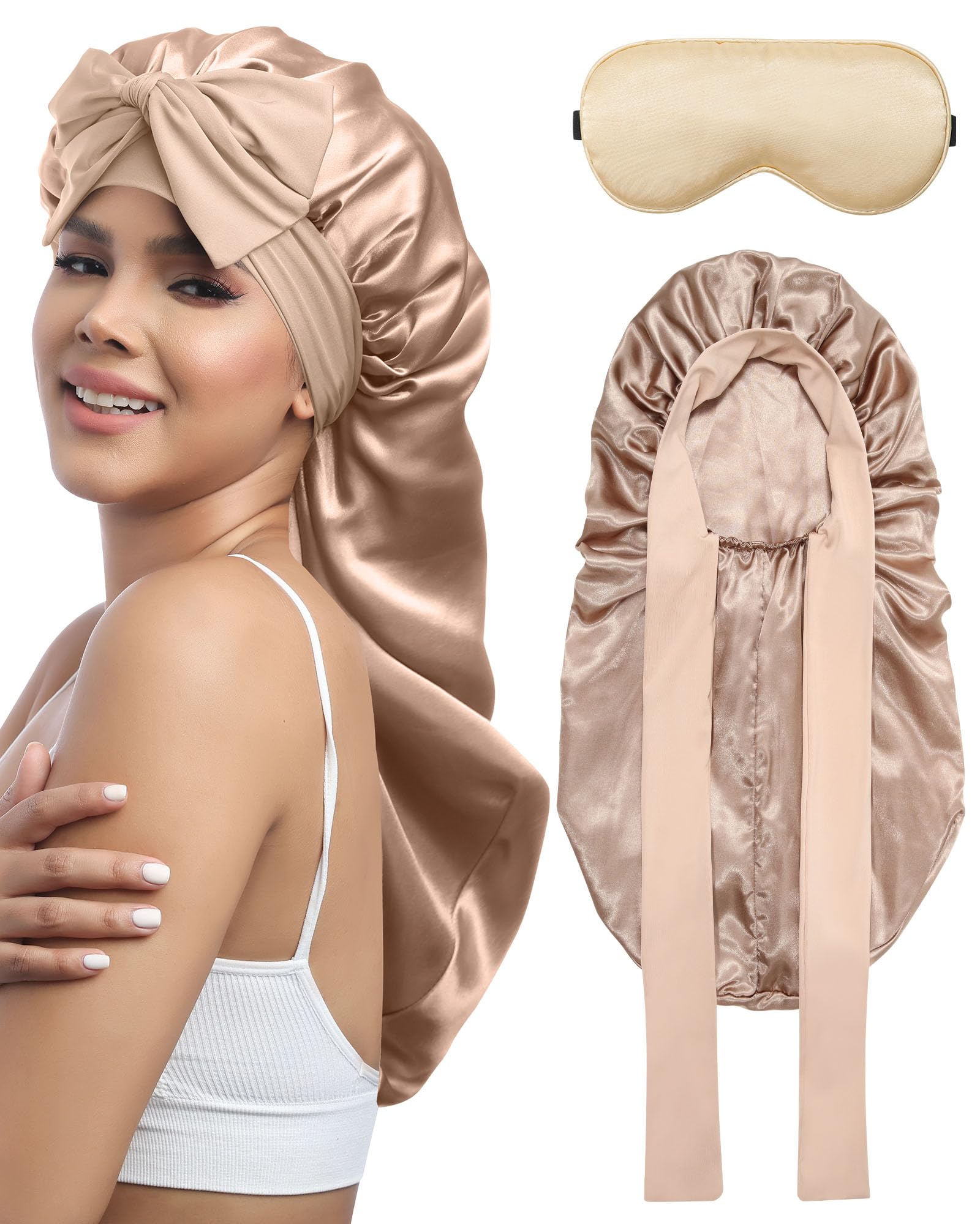 AWAYTR Long Hair Bonnet for Sleeping - Double Layer Long Elastic Tie Band Satin Bonnet for Women with Sleep Eye Mask (Champagne)