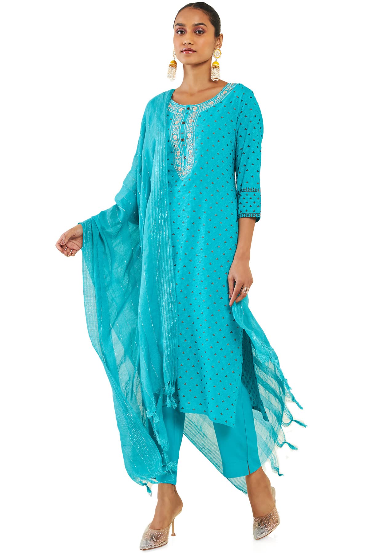 SochWomen Turquoise Cotton Floral Suit Set