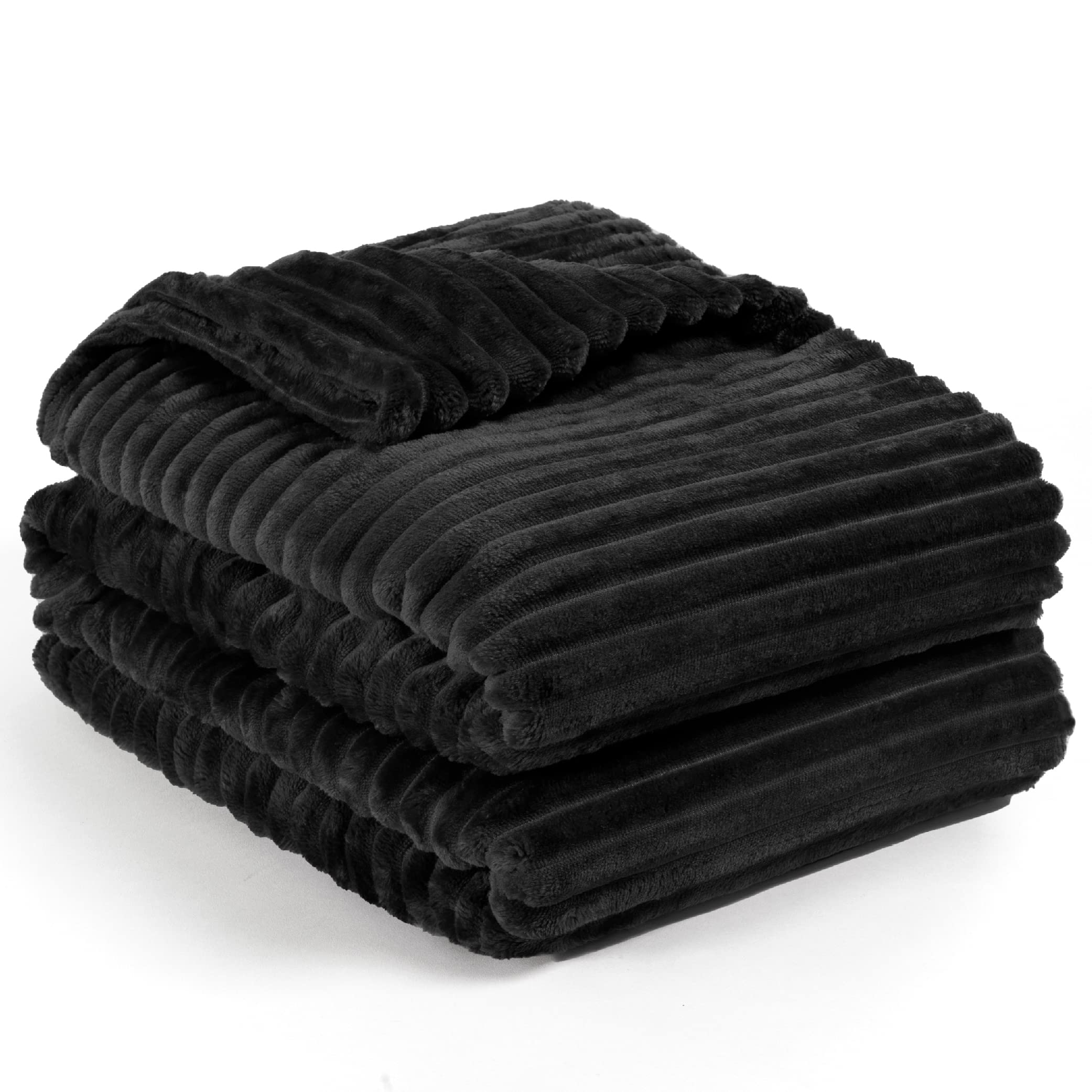 PAVILIASuper Soft Fleece Throw Blanket Twin Black, Fuzzy Plush Flannel Throw, Warm Cozy Ribbed Microfiber Blanket for Sofa Couch Bed, Lightweight Striped Blanket, Black, 60x80