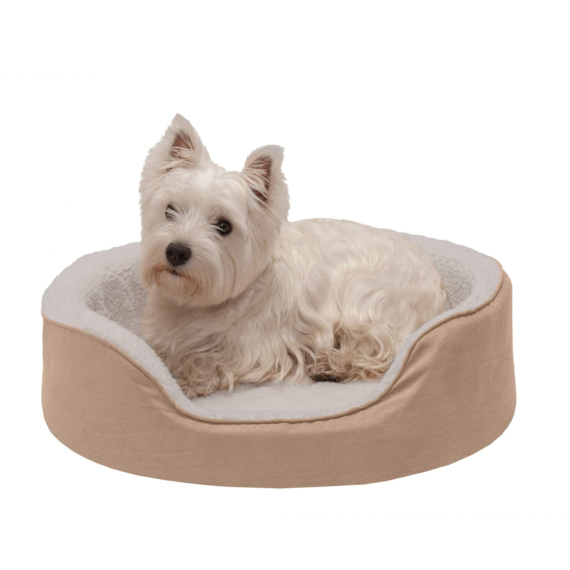 FurhavenOrthopedic Dog Bed for Medium/Small Dogs w/ Removable Washable Cover, For Dogs Up to 18 lbs - Sherpa & Suede Oval Lounger - Clay, Medium