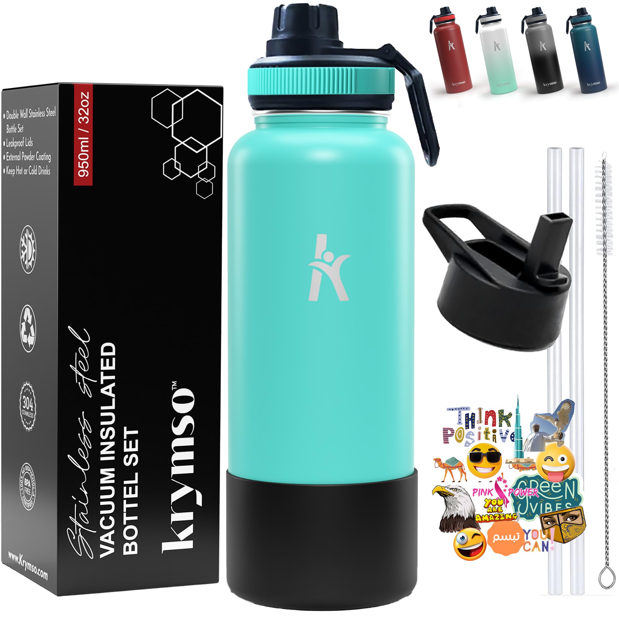 KRYMSO, Stainless Steel Water Bottle, Sports Water bottle with Straw, Spout Lid, Protective Silicone Boot, Insulated Water Bottle, Thermos Flask, Hot Water bottle for kids (950ml / 32oz, Blue Chill)