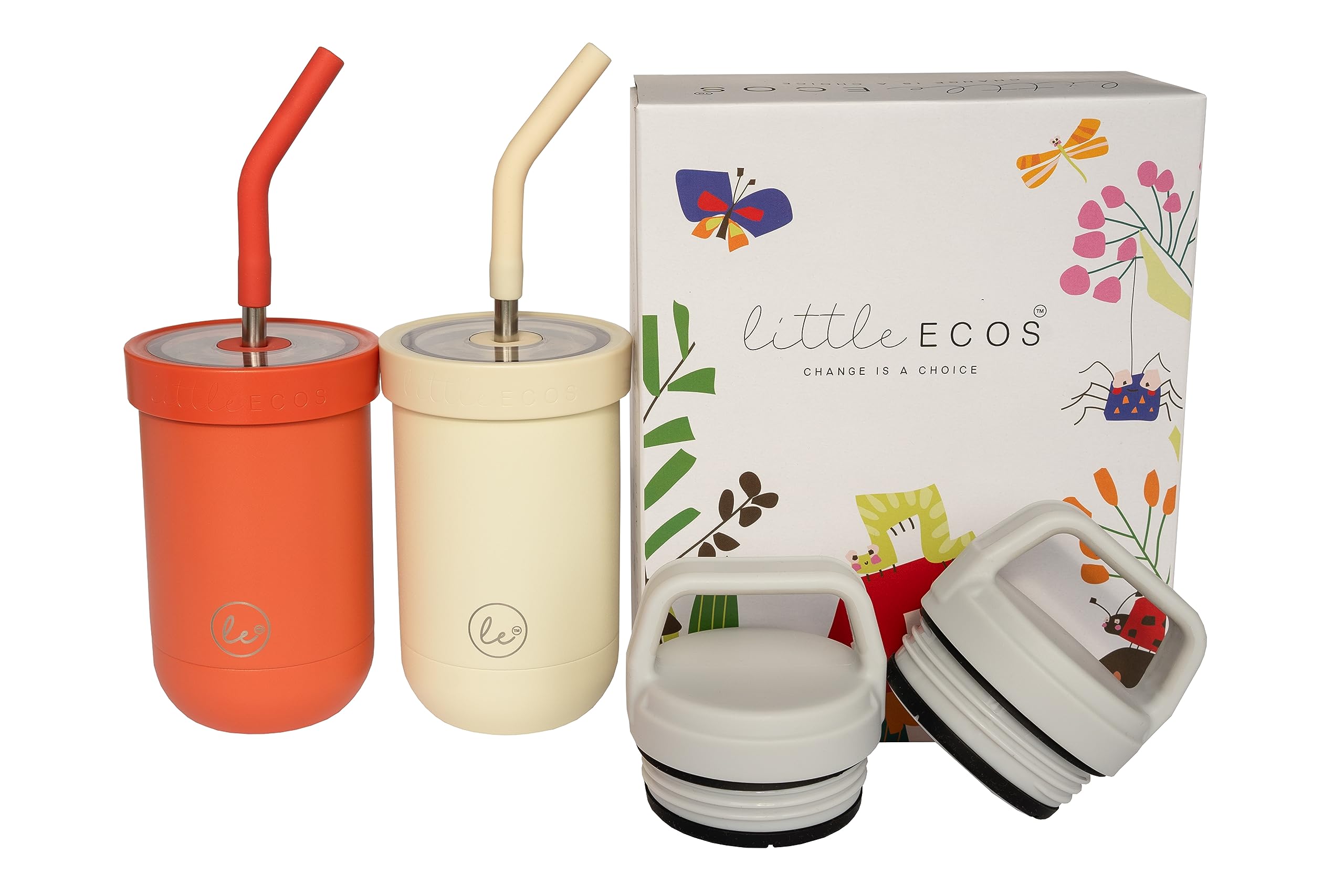 LITTLE ECOS Toddler straw cups spill proof | Set of 2 Stainless steel Baby straw sippy cups for toddlers 2+ 3+ year old | Insulated Kids cup tumblers | Best training cups for toddlers 1-3