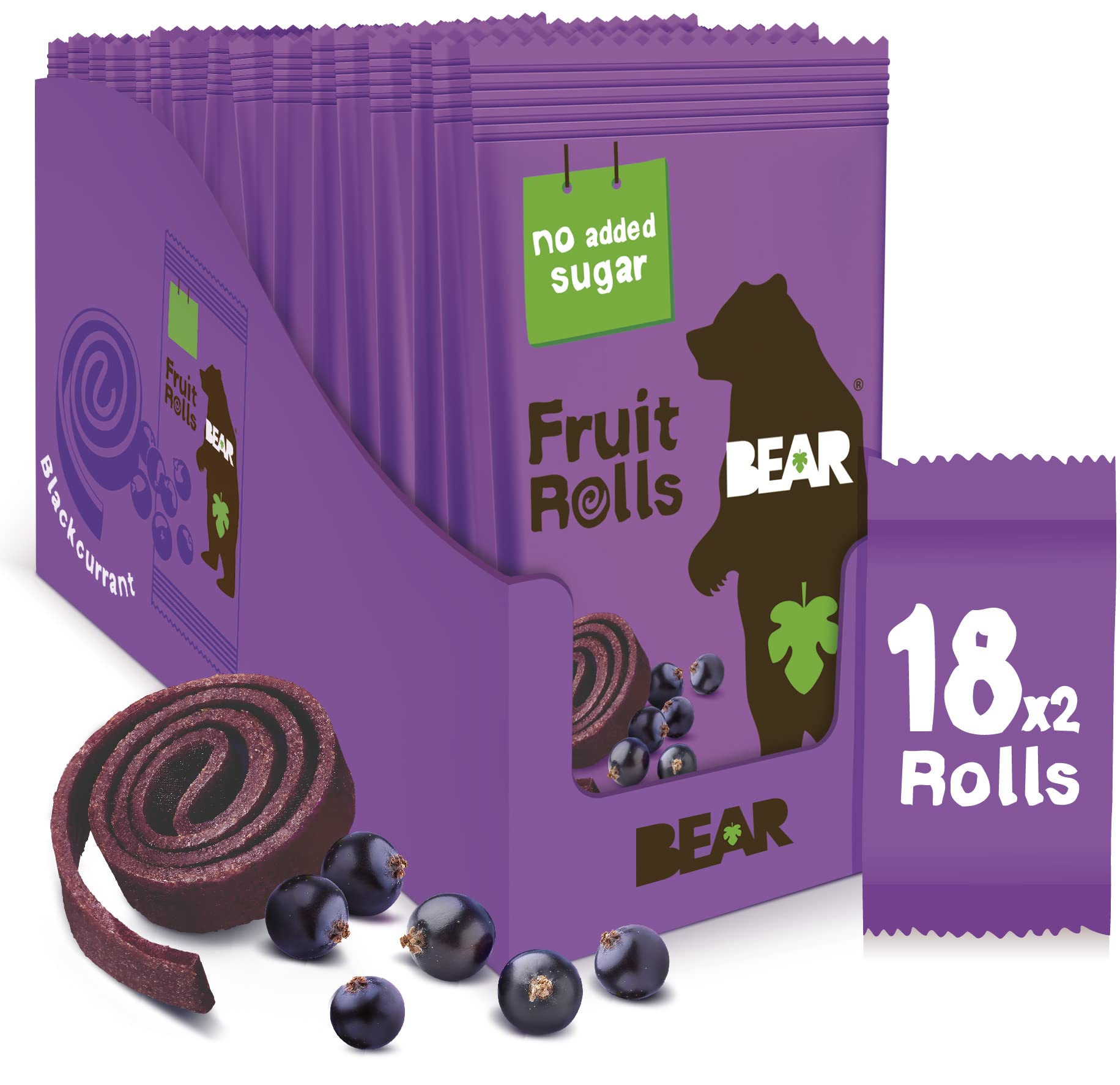 BEAR Fruit Rolls Blackcurrant - 100% Natural Ingredients - No added sugar - Healthy School and Lunch Snacks for Kids and Adults - 18 x 20g