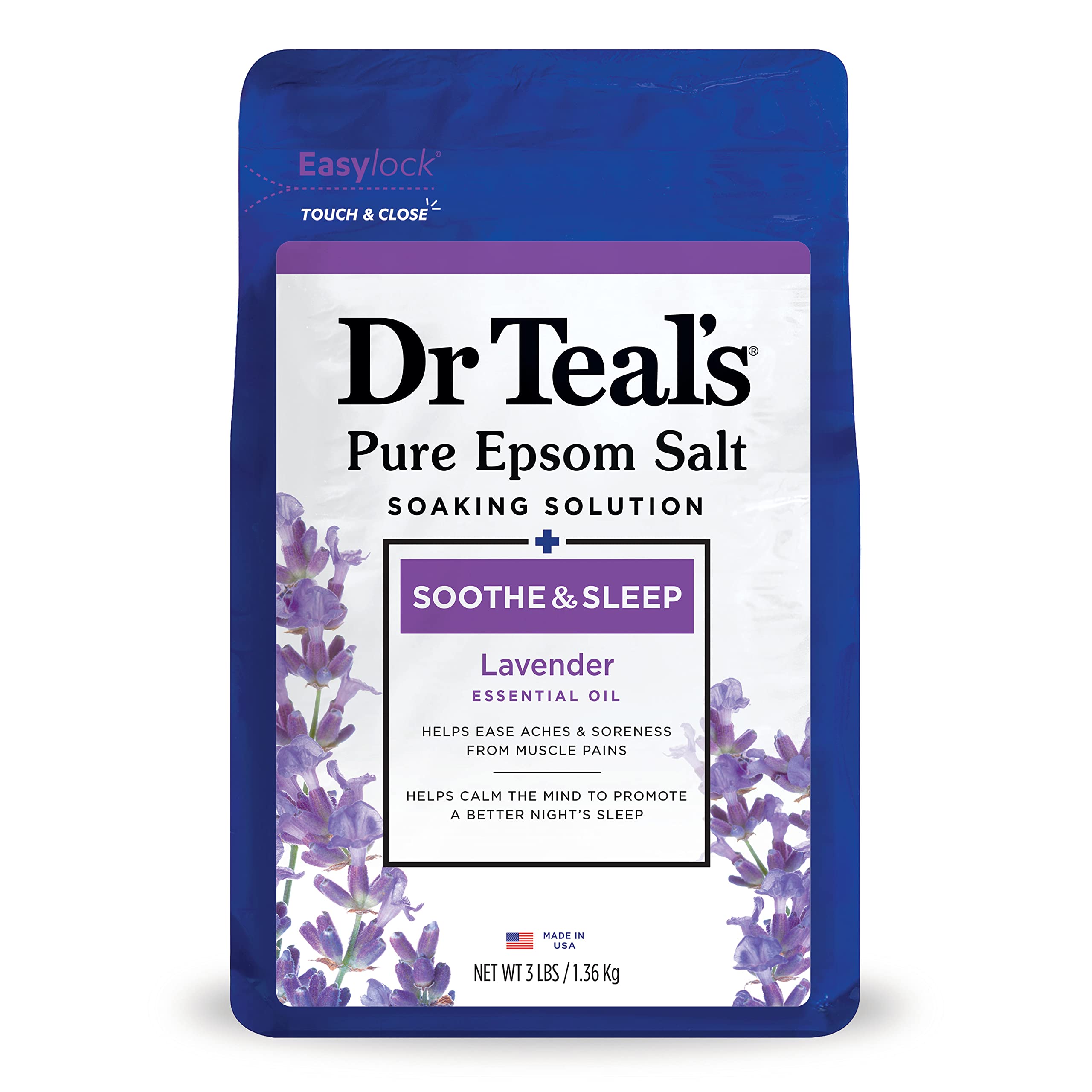 Dr Teal's Pure Epsom Salt Soaking Solution, Soothe & Sleep With Lavender, 3 Pound Bag