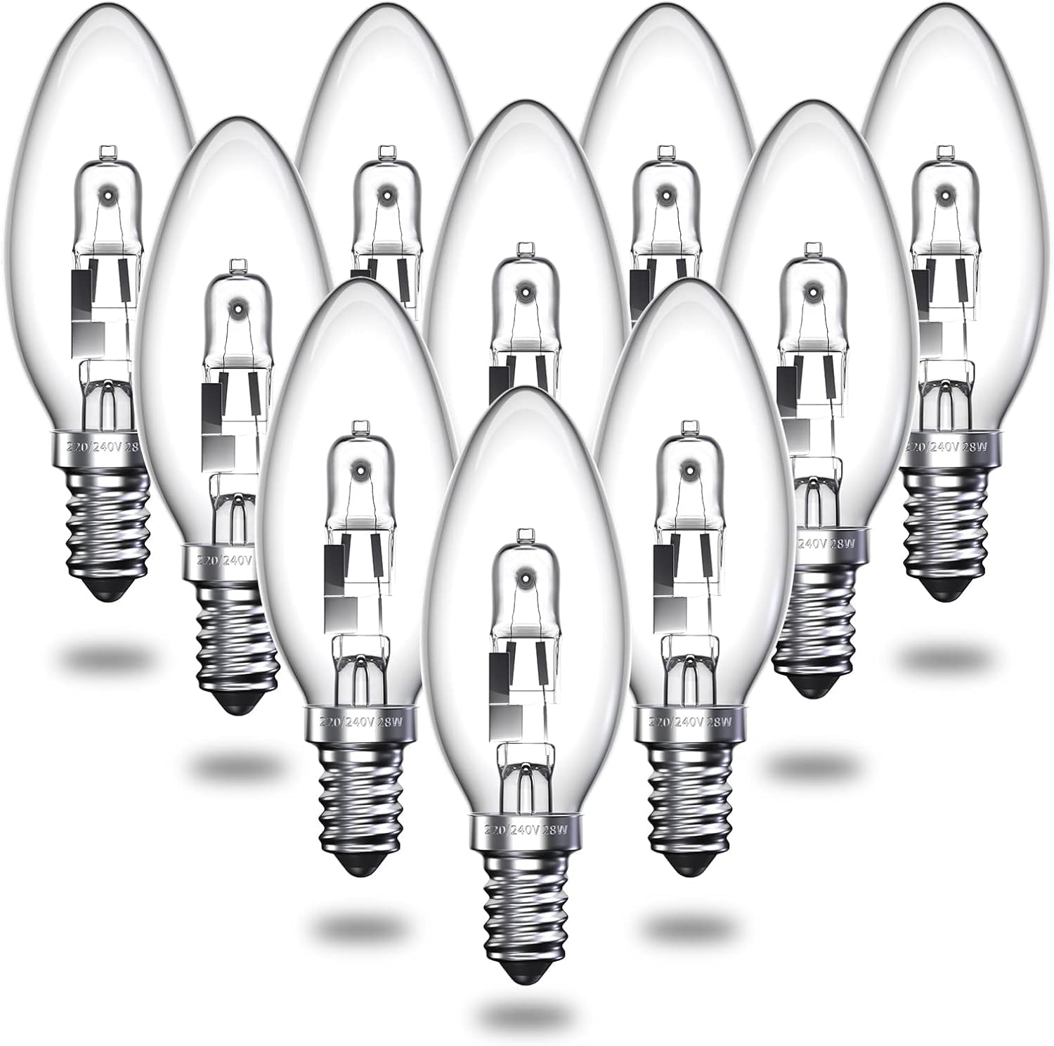 DoRight E14 28W Halogen Candle Light Bulbs, Dimmable SES E14 Clear Candle Bulb 28 Watt C35 Small Edison Screw Halogen Lamp, 310lm, Warm White 2700K, AC 220-240V for Chandelier Table Lamp (10-Pack)