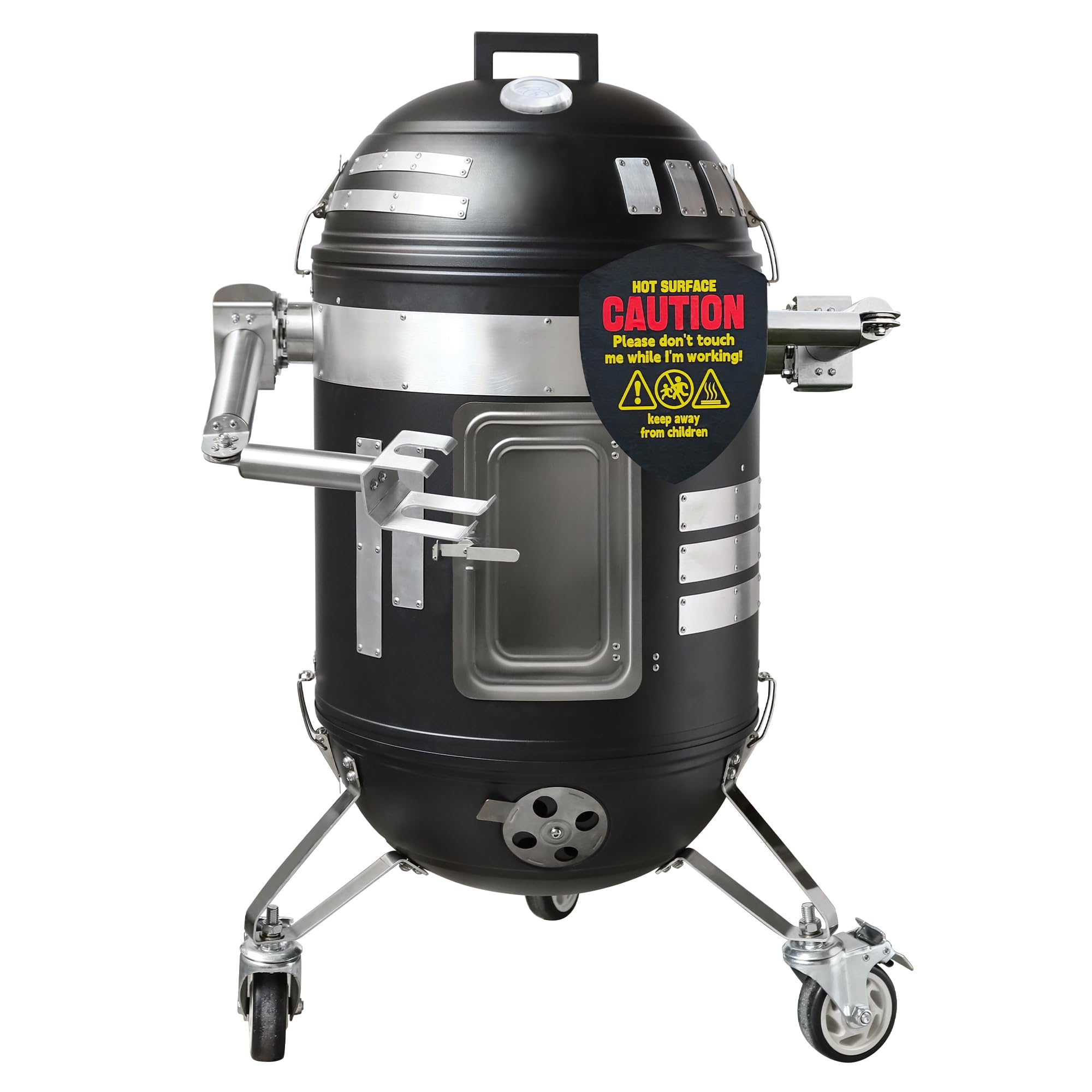 SKY FISH Spacebot Smoker Grill Vertical 16 Inch Steel Charcoal Smoker With Two Metal Arms And Three Wheels, Heavy Duty Round BBQ Grill for Outdoor Cooking,Fire Pit, Black