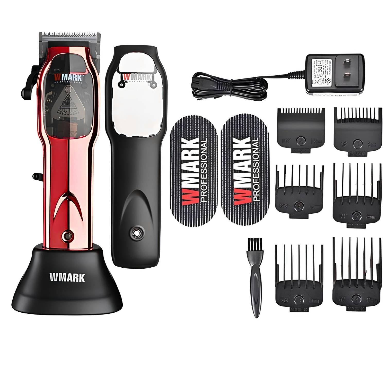 WMARKNG-9002 Ultra Premium Professional 9000 RPM magnetic motor Zero Gapped Hair Clipper set 5CR15 Fade Blade 6 Magnetic Guide Comb Taper Lever Adjustments Adaptor Charging Pod & Stand, Red