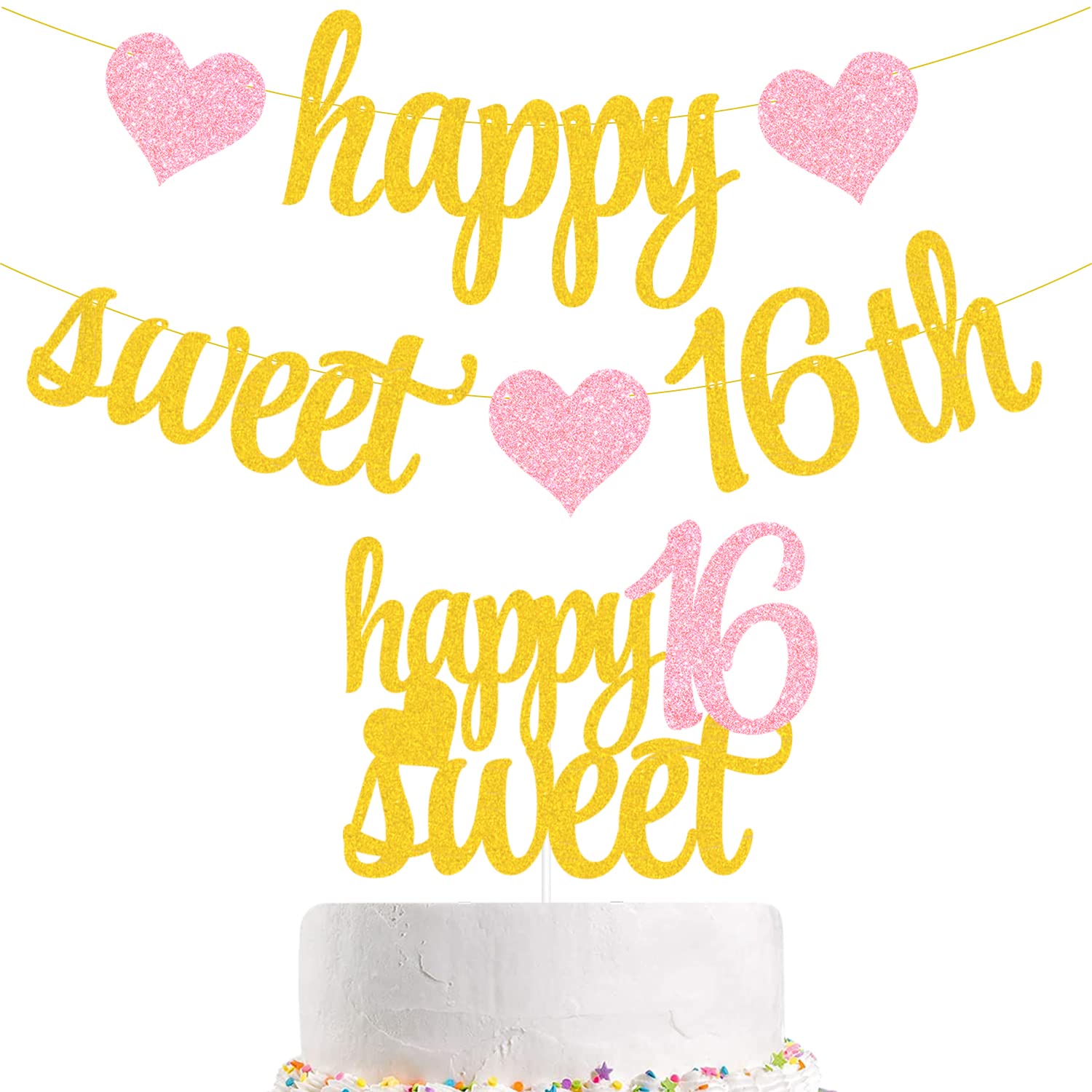 Pre-Assembled Happy Sweet 16 Banner, Happy Sweet 16 Cake Topper, Girl Happy Sweet 16 Birthday Decorations, Happy 16th Birthday Decorations for Girls, Pink 16th Birthday Party Decorations