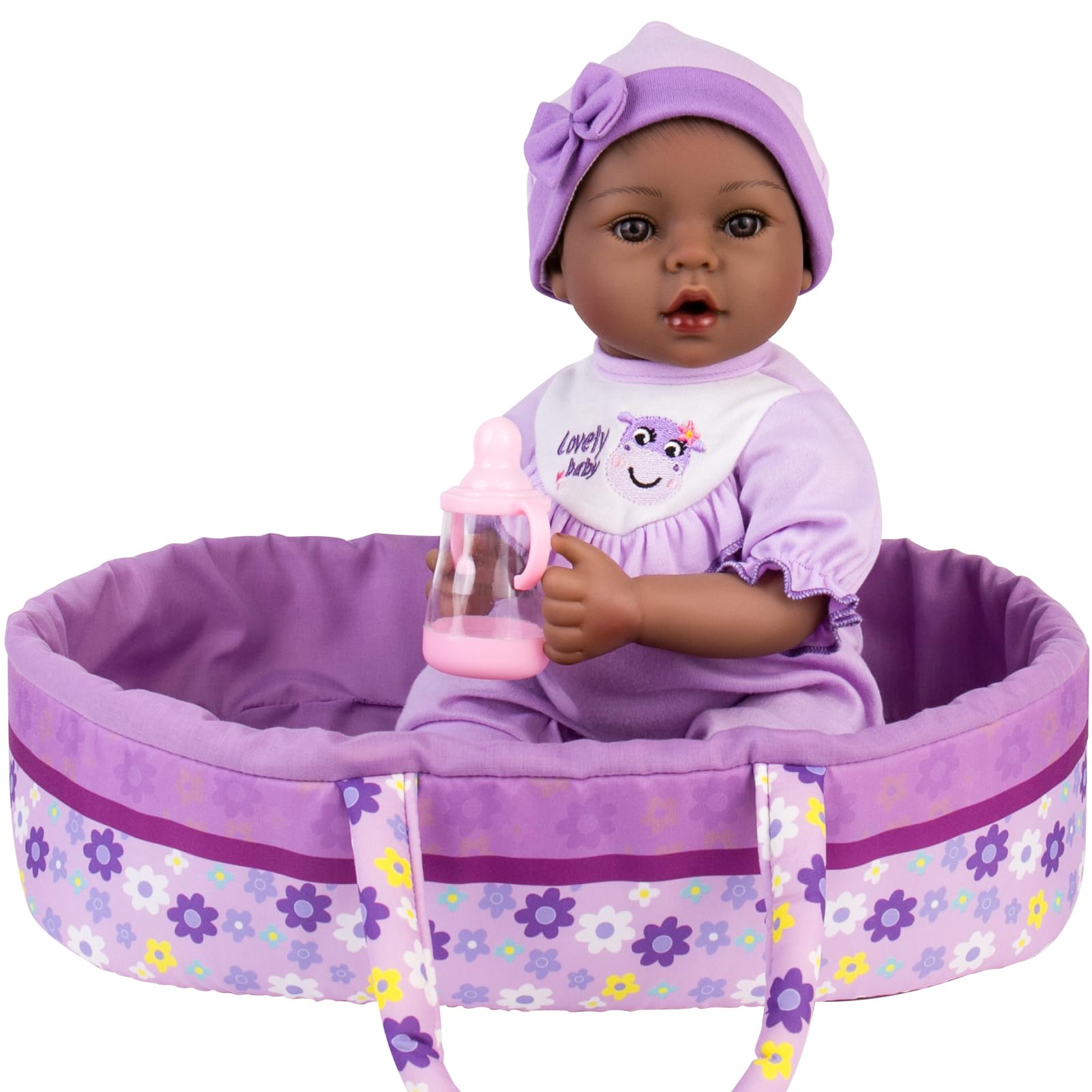 Aori Black Lifelike Reborn Baby Dolls -18 inch African American Realistic Newborn Girl Doll, Real Life Soft Vinly Limbs and Soft Body Weighted Girl Doll and Bassinet Set